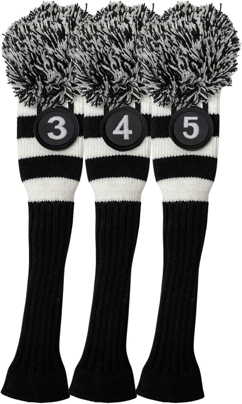 Majek #3, #4, & #5 Hybrid Combo Pack Rescue Utility Black & White Golf Headcover Knit Pom Pom Retro Classic Vintage Head Cover