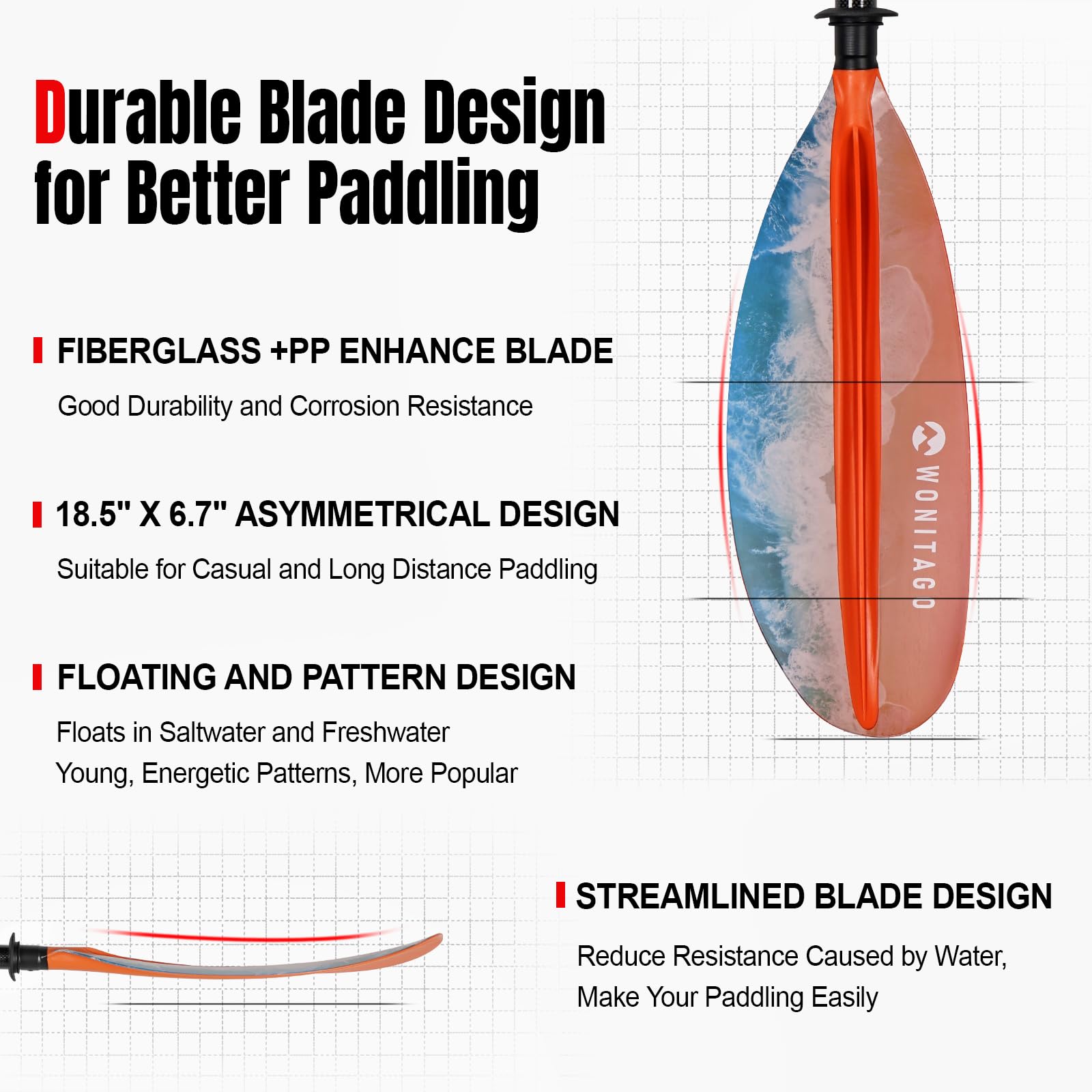 Kajak-Paddel Premium-Kohlefaser-Paddel mit verstärktem PP + Fiberglas-Klinge, schwimmende, verstellbare Kajak-Ruder, 3-teilig, 220-240 cm, 240-260 cm