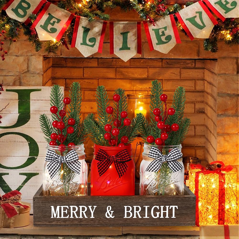 DIYDEC 3 barattoli decorativi natalizi da 7,6 x 12,7 cm, con vassoio in legno e fiori artificiali, ideali per l'inverno, le vacanze, la casa, centrotavola, decorazione regalo (rosso)