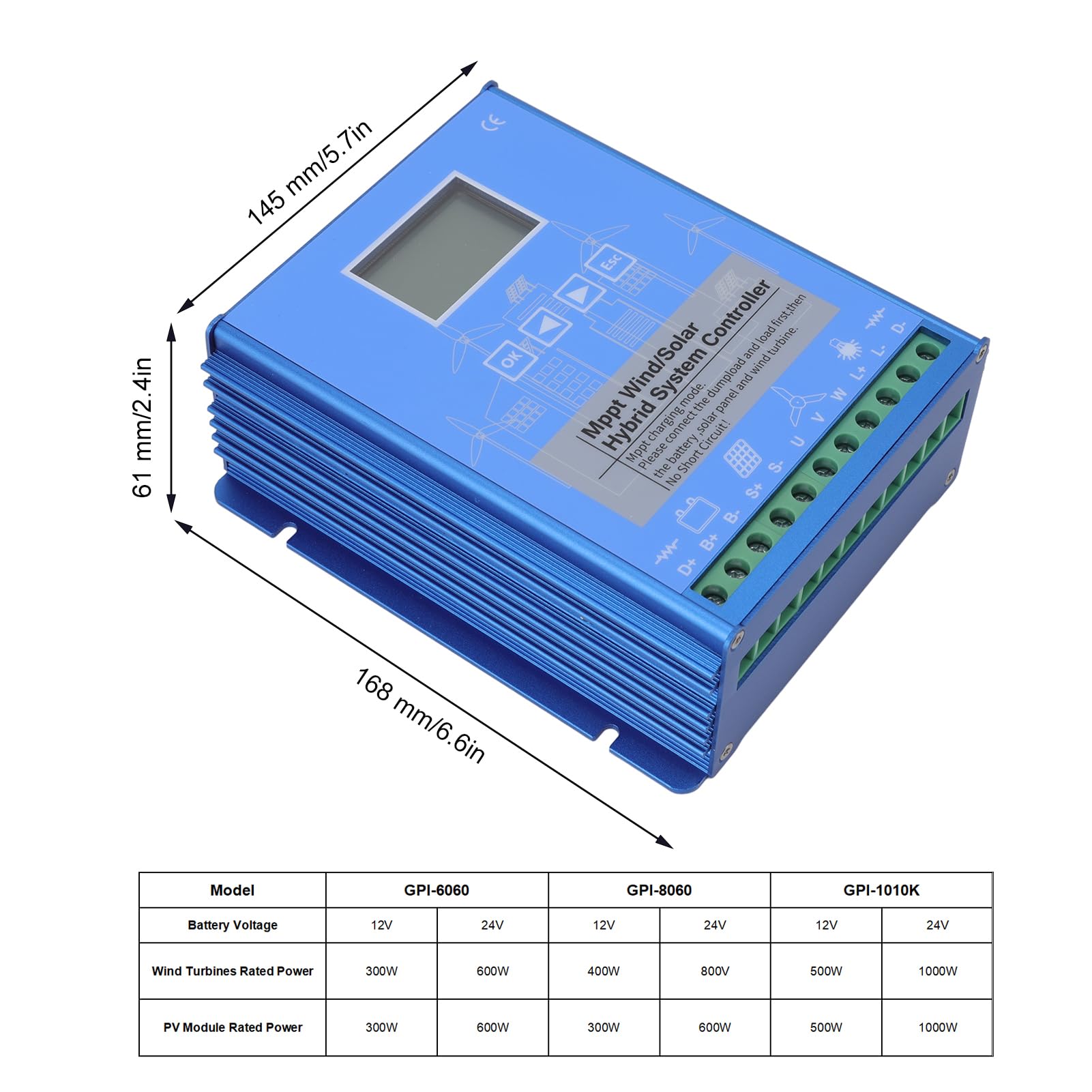 Controlador híbrido solar de viento de 12 V y 24 V, pantalla LCD, MPPT, carga de impulso, multifuncional, controlador solar de viento (GPI-6060)