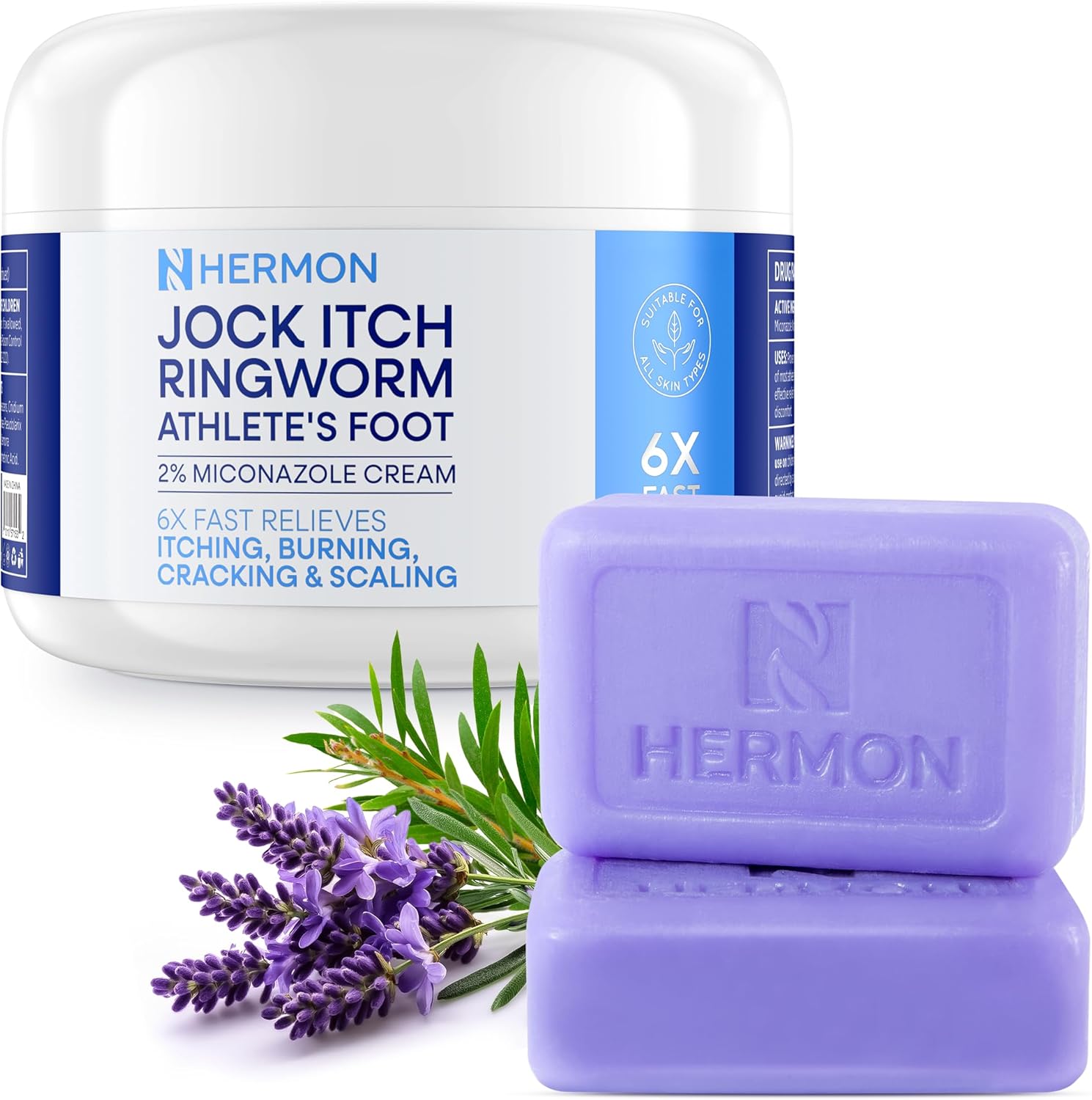 Hermon Antifungal Jock Itch Cream & Soap Kit: Anti Fungal Treatment for Ringworm, Psoriasis, & Athlete's Foot with Tea Tree Soap - Provides Soothing Relief for Body & Foot- 100g Bottle / 2 Bars