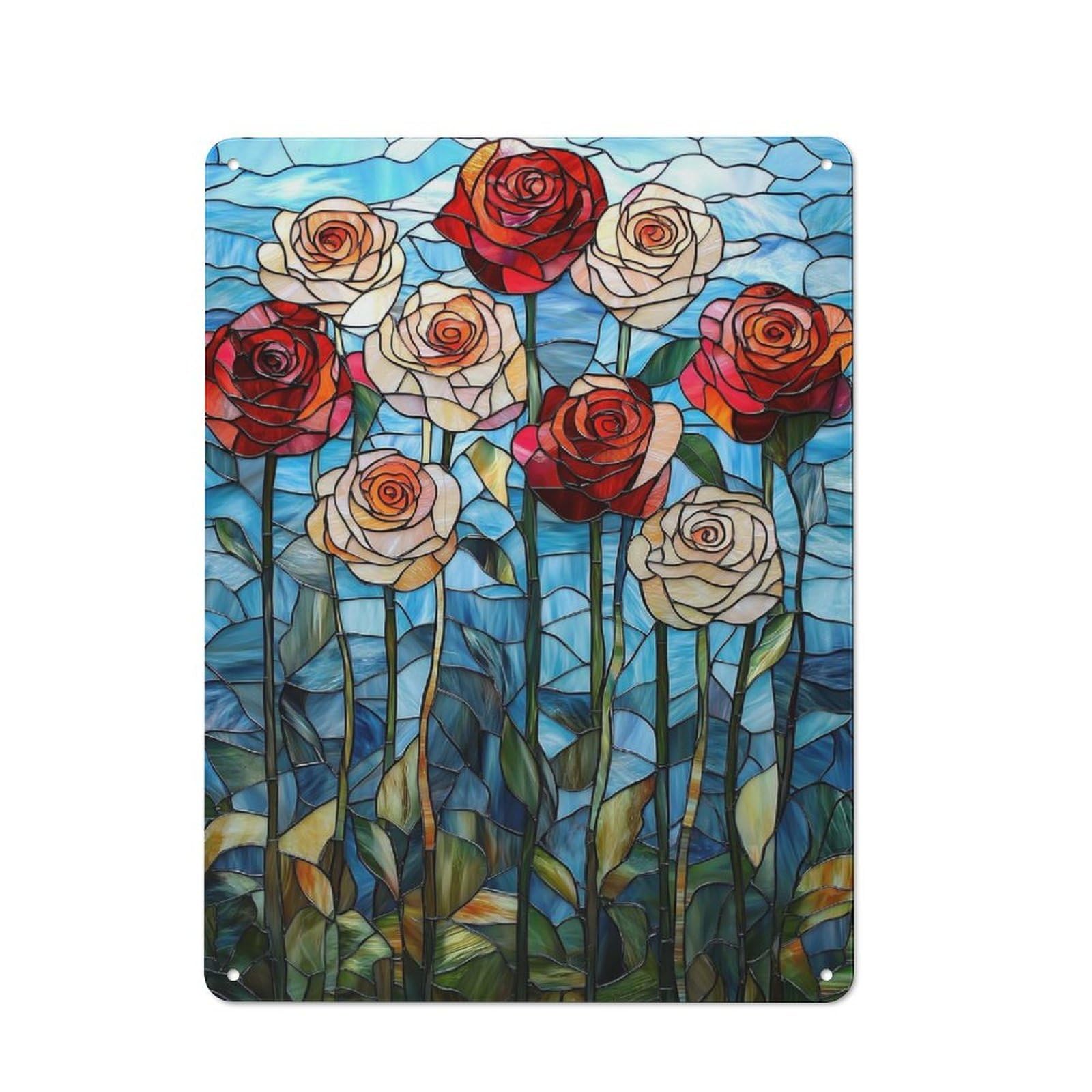 Junmoney Style-11 Retro Metal Wall Sign 40X30cm With Stained Glass Roses For Hallway Wall, Suited To Hallway Decor Lovers