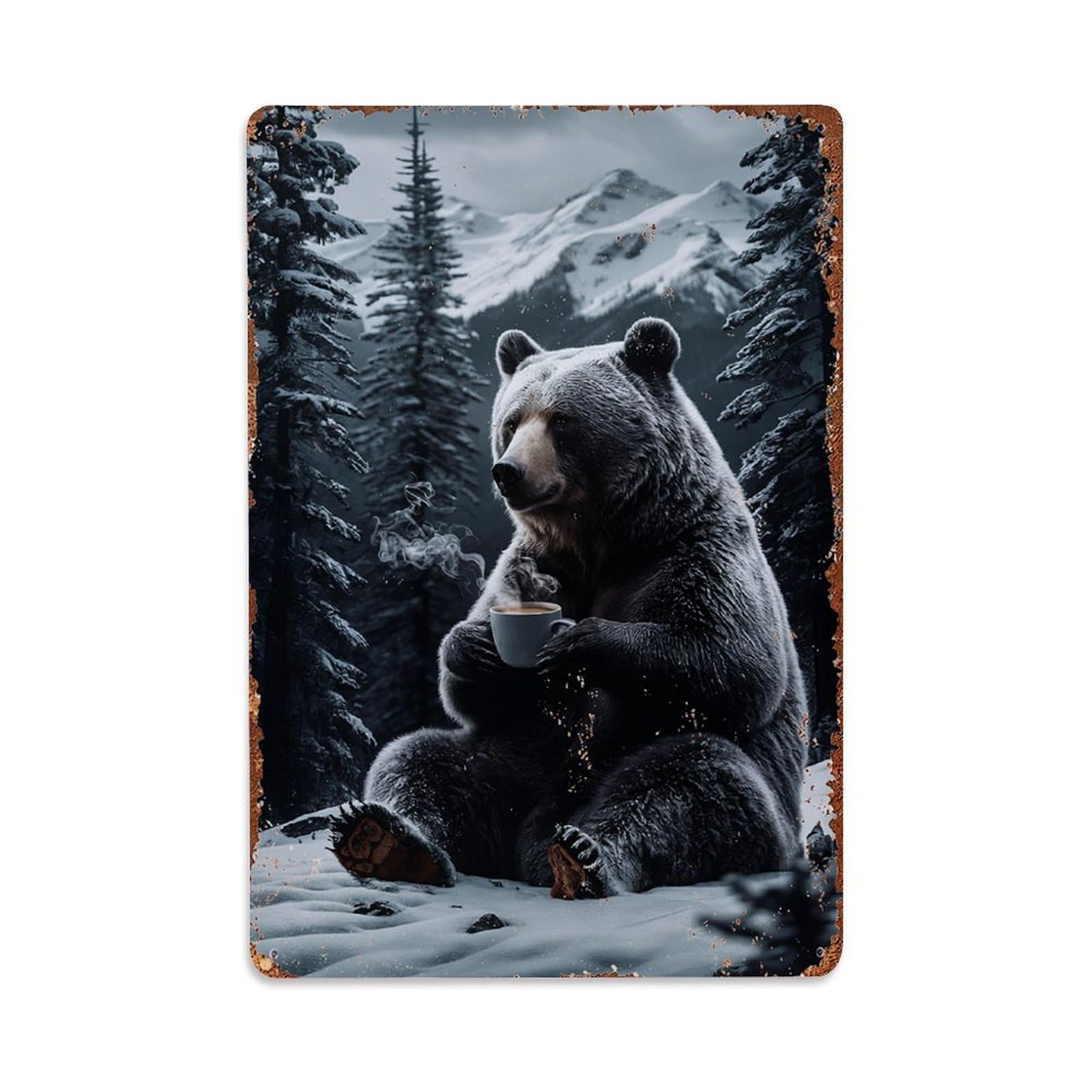 Bear Holding Coffee Cup Snowy Forest Retro Metal Tin Sign, Vintage Decor Art Poster for Bar, Home, Man Cave, Kitchen, Laundry Room Gift 8x12Inch