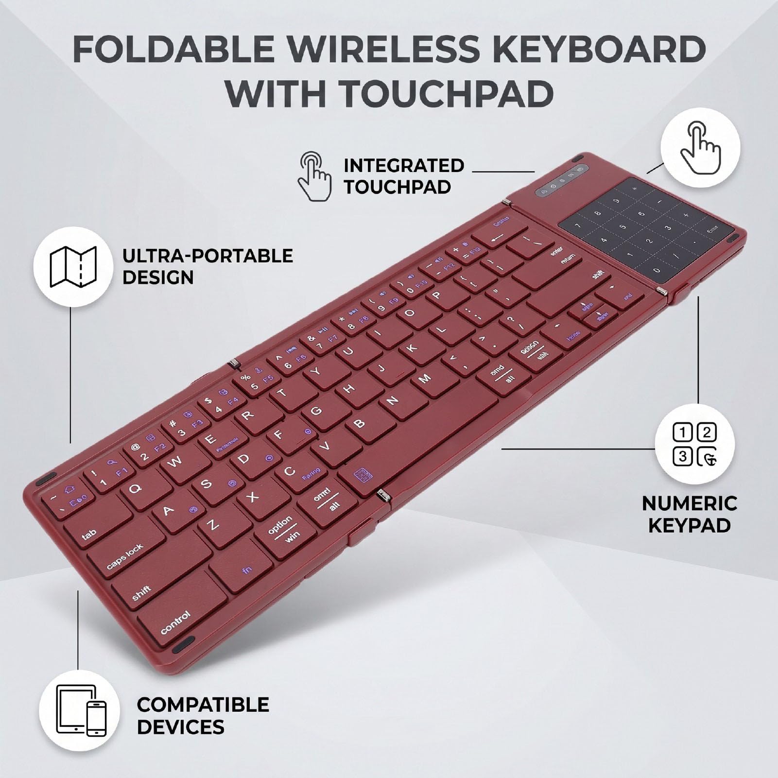 Tangxi Tastiera Bluetooth Pieghevole con Touchpad e Tastierino Numerico, Tastiera Wireless Portatile Dal Design a 3 Pieghe per Tablet Laptop (WINE RED)