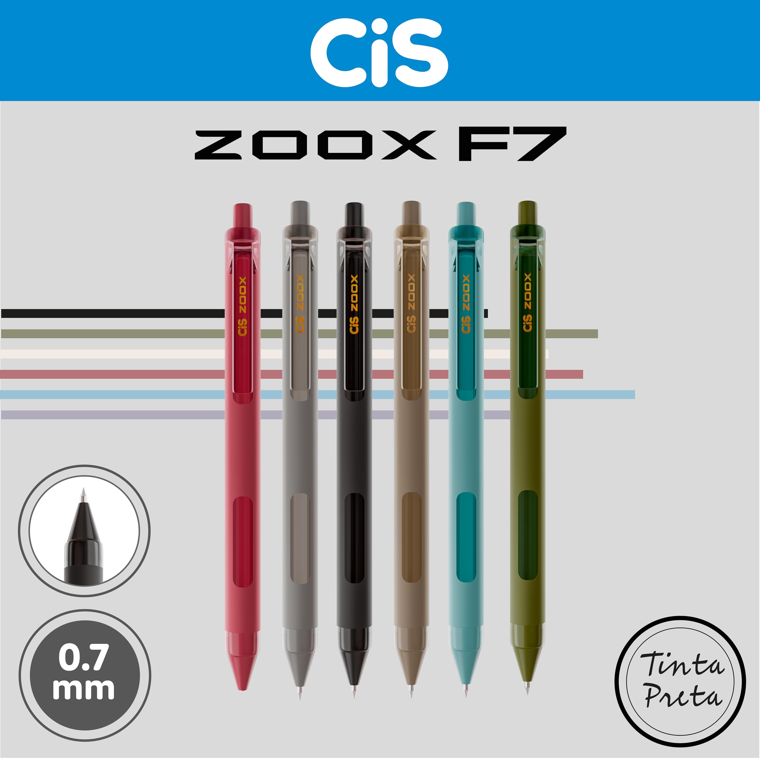CIS Zoox F7 Caneta Rollergel Retrátil - Cinza (Tinta Preta