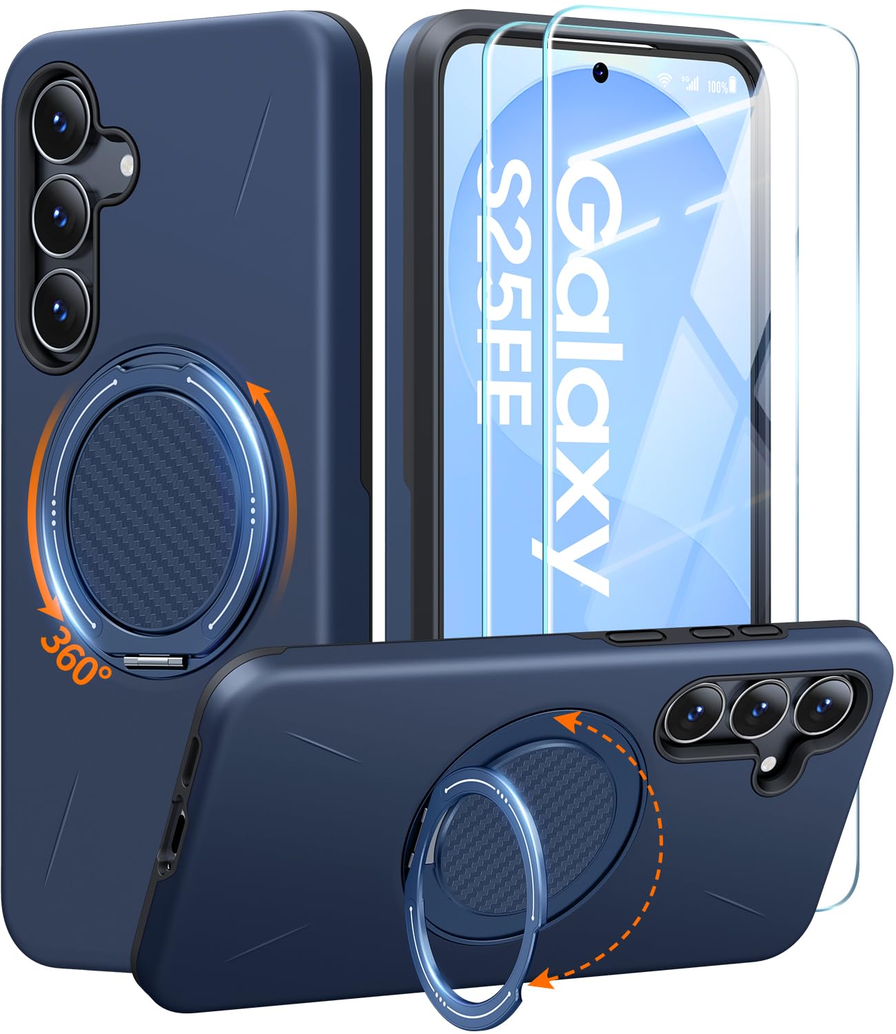 Photo 1 of JAME for Samsung Galaxy S25 FE Case, Ring Holder Stand Kickstand, 2 Packs Screen Protector, Dual Layer Shockproof Protective Cover, Magnetic Accessory Friendly Galaxy S25 FE Phone Case, Blue