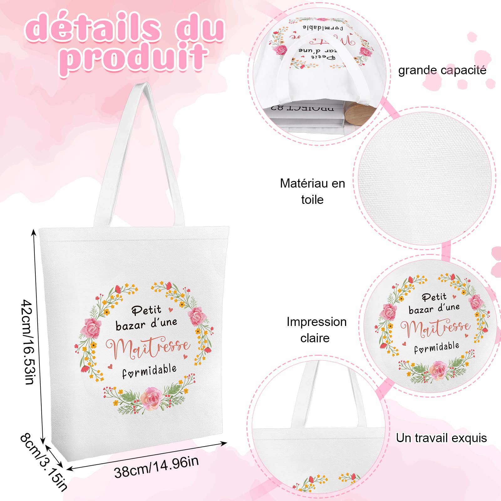 Sac en Coton Trousse de Toilette Porte-clés Carte de Vœux Set 4 Pièces Cadeau pour Maitresse Institutrice ATSEM AESH Fin d'Année
