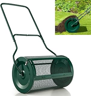 27’’ Compost Spreader, Peat Moss Seeding Manure Fertiliser Garden Roller with U-shaped Handle & Side Clasps, Heavy Duty Metal Mesh Basket Top Dresser Lawn Spreader, 76L (Green)