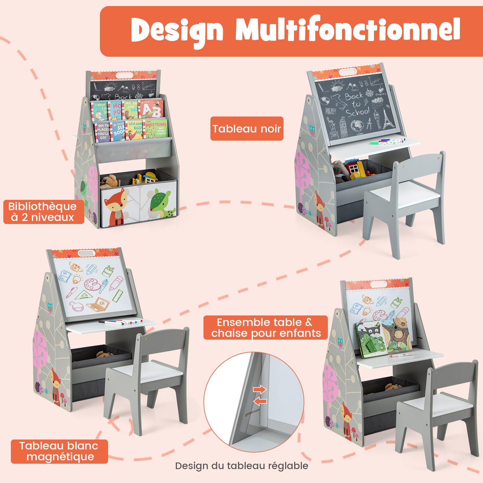 COSTWAY Table Enfants 3 en 1 avec Chaise et Tableau Double Face Réglable, Table à Dessin avec Bac en Tissu, Bibliothèque pour Jouets Livres, Charge 50/10kg Gris