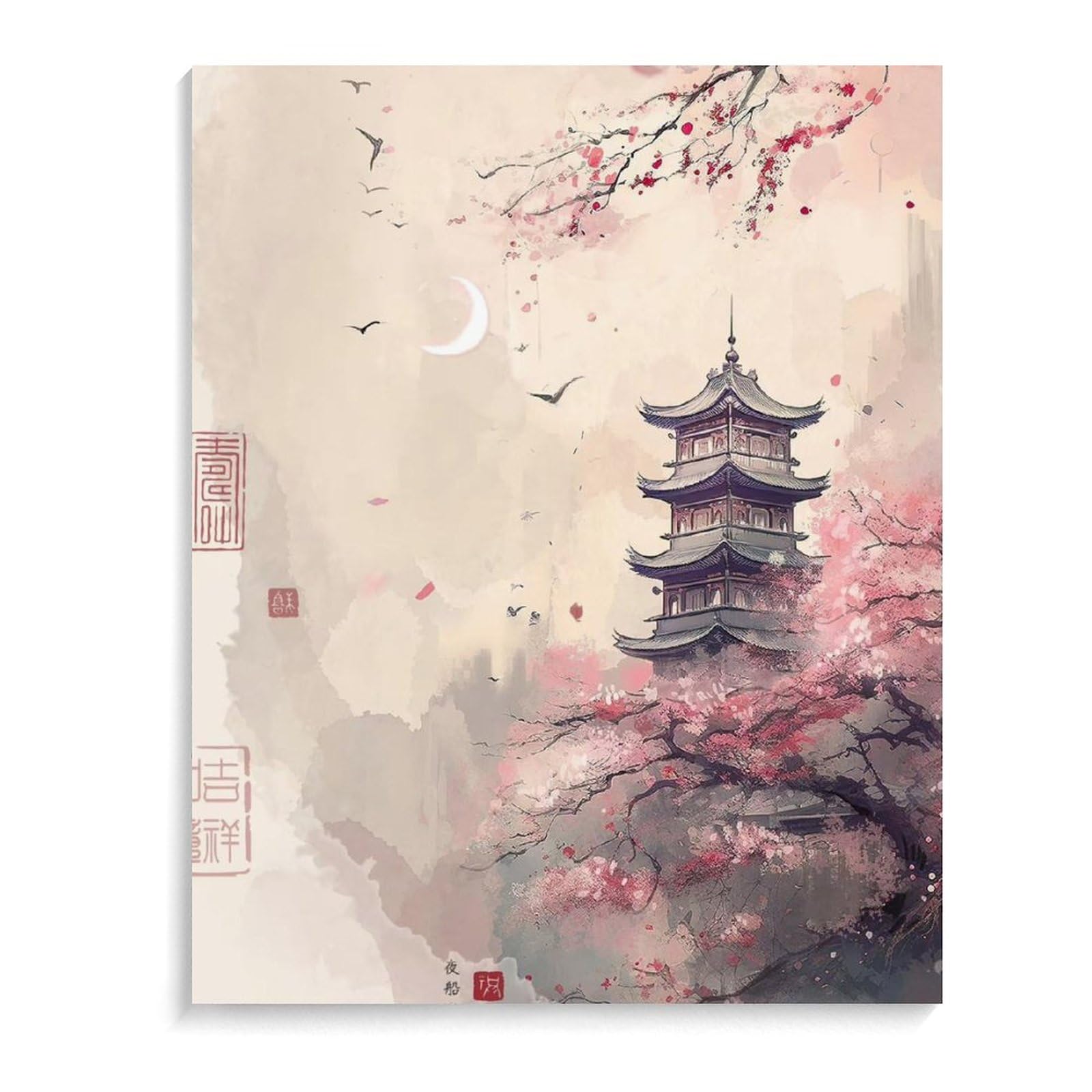 Amazon | 桜と建物 数字油絵 中国の伝統芸術の絵画 柔らかな夢の