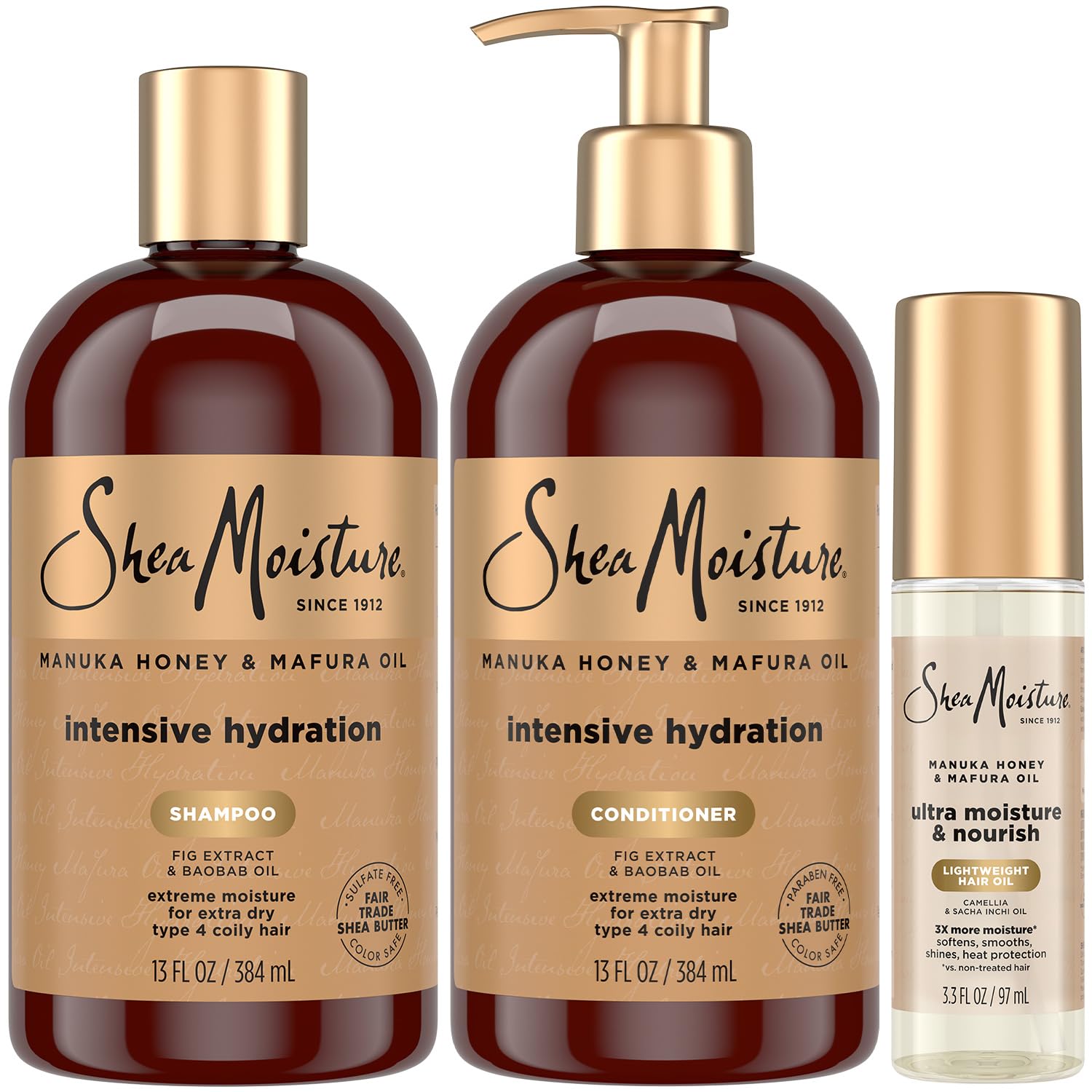 SheaMoisture Shampoo & Conditioner, Manuka Honey & Mafura Oil Intensive Hydration + Ultra Moisture & Nourish Lightweight Hair Oil for Extra Dry, Damaged Hair