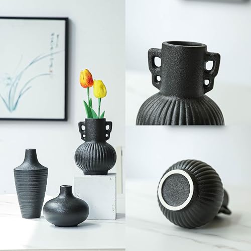 Miniatura 6 de Jarrones negros modernos de granja para decoración, juego de 3 jarrones de cerámica acanalados para sala de estar, estante, estantería, repisa,