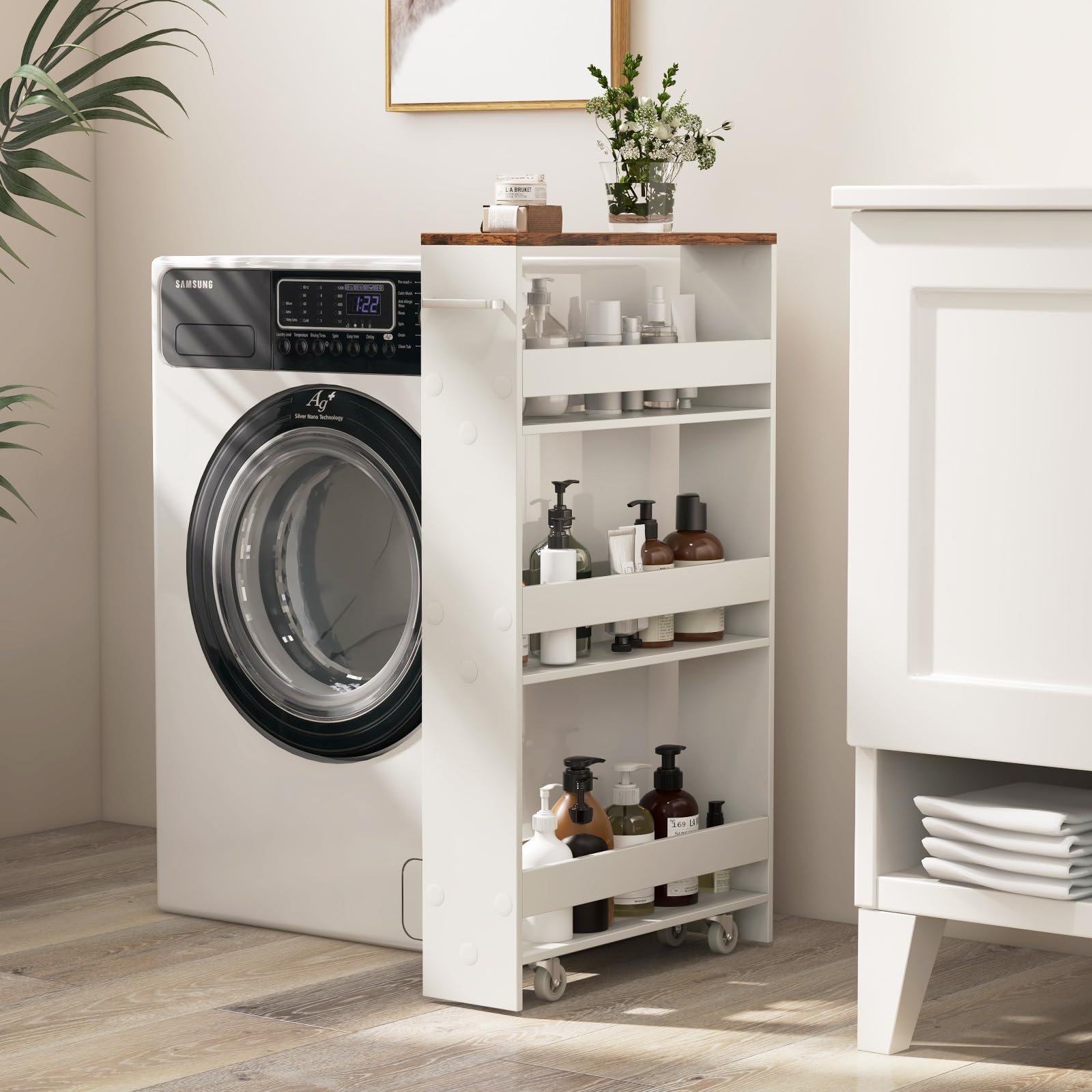 GYMAX Carrelli Portaoggetti a 4 Ripiani, Carrello con Ruote Salvaspazio con Maniglia, Carrello a Scaffale Slim Stretto in Legno per Cucina, Bagno, Lavanderia, 47,5 x 13 x 80,5 cm (Bianco+Marrone)
