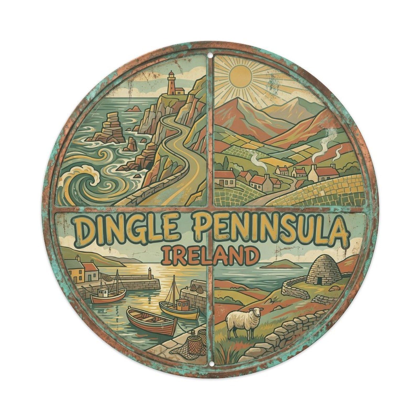 Vintage Travel Dingle Ireland Artwork Metal Tin Sign Plaque Wall Decor for Cafe, Club, Garden Round Metal Poster 8x8Inch