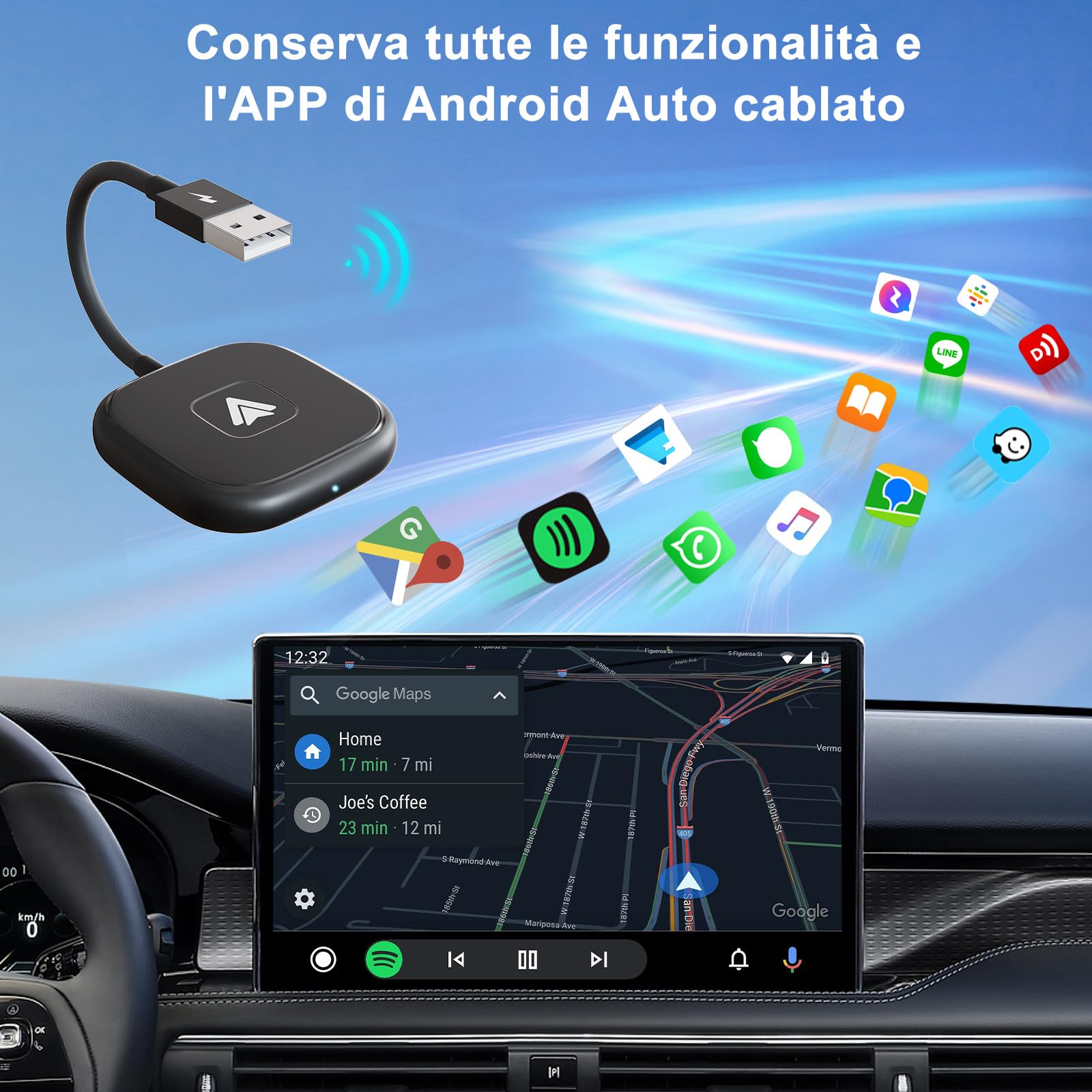Adattatore Senza Fili Android Auto, Dongle USB C/USB per Autoradio Cablato OEM, Adattatore Wireless Compatibile con il 98% delle Auto