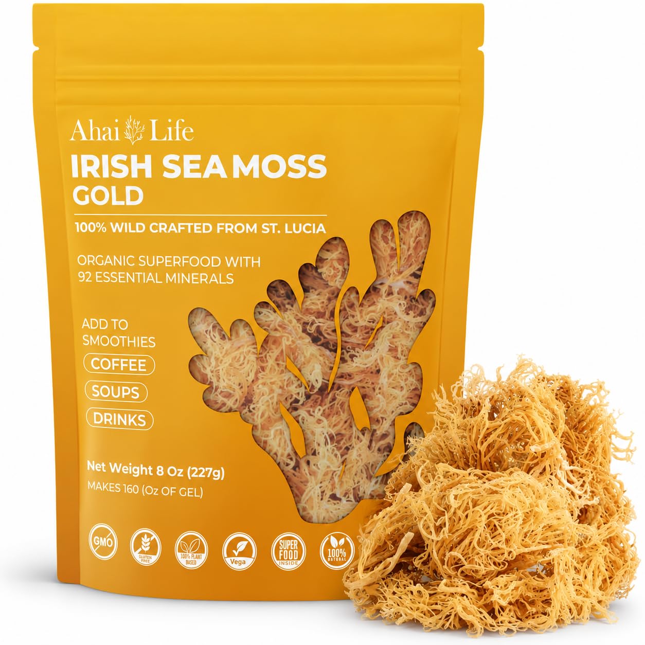 Golden Organic Sea Moss, Raw Wildcrafted from St, Lucia, Sun-Dried Sea Moss without Chemicals Naturally Gluten Free Supports Thyroid Gut Health Metabolism, Energy, Makes 160+ oz SeaMoss Gel | 8 oz Bag Gold 8 Ounce