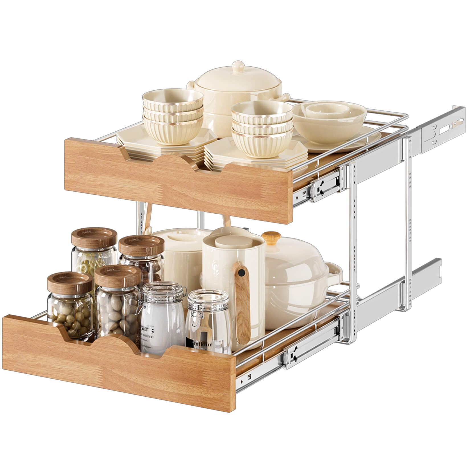 OCG Pull Out Cabinet Organizer 17" W x 21" D, 2 Tier Slide Out Shelf, Heavy-Duty Pull Out Drawer for Cabinets, Base Cabinet Organization for Kitchen, Pantry, Bathroom
