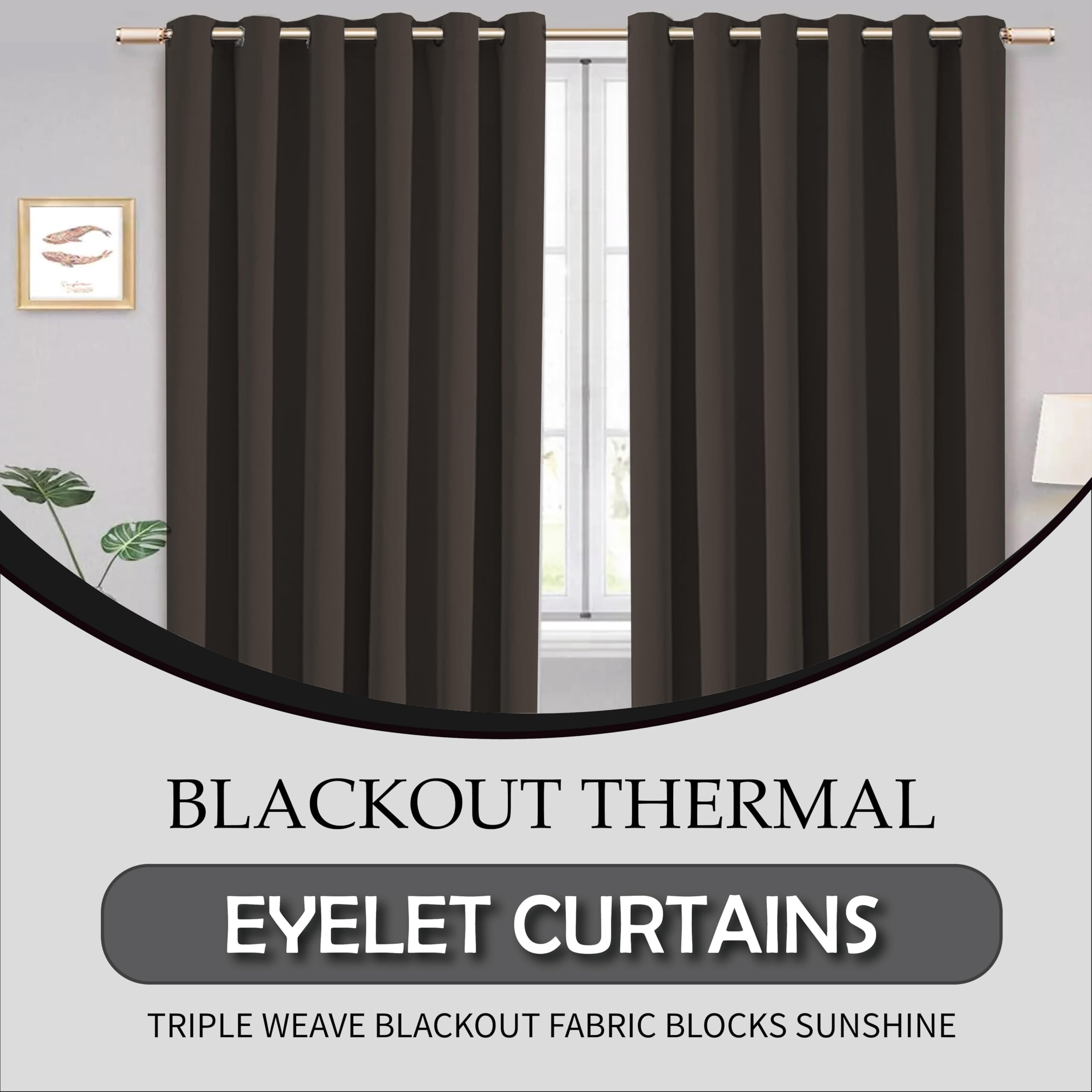 Home In Style 4U Thermal Insulated Blackout Curtains for Bedroom Windows Dark Brown Curtains 46" width x 54" drop 2 Panels - Image 2