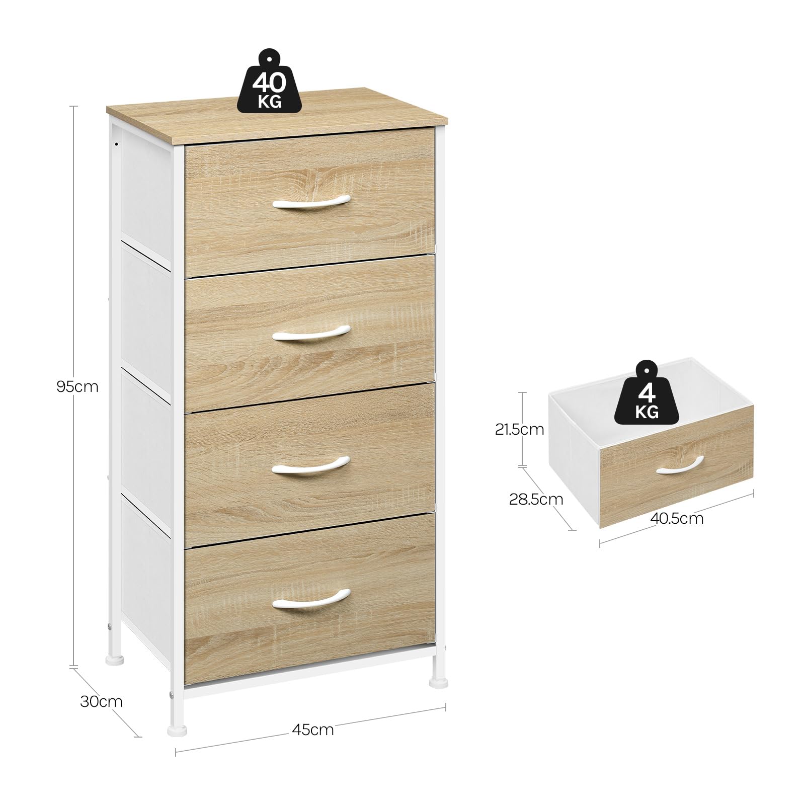 WOLTU Cassettiera, 4 Cassetti in Tessuto, Armadio di Stoccaggio per Camera da Letto Corridoio Soggiorno, Struttura in Acciaio, E1 Piano Legno, Rovere Chiaro+Bianco