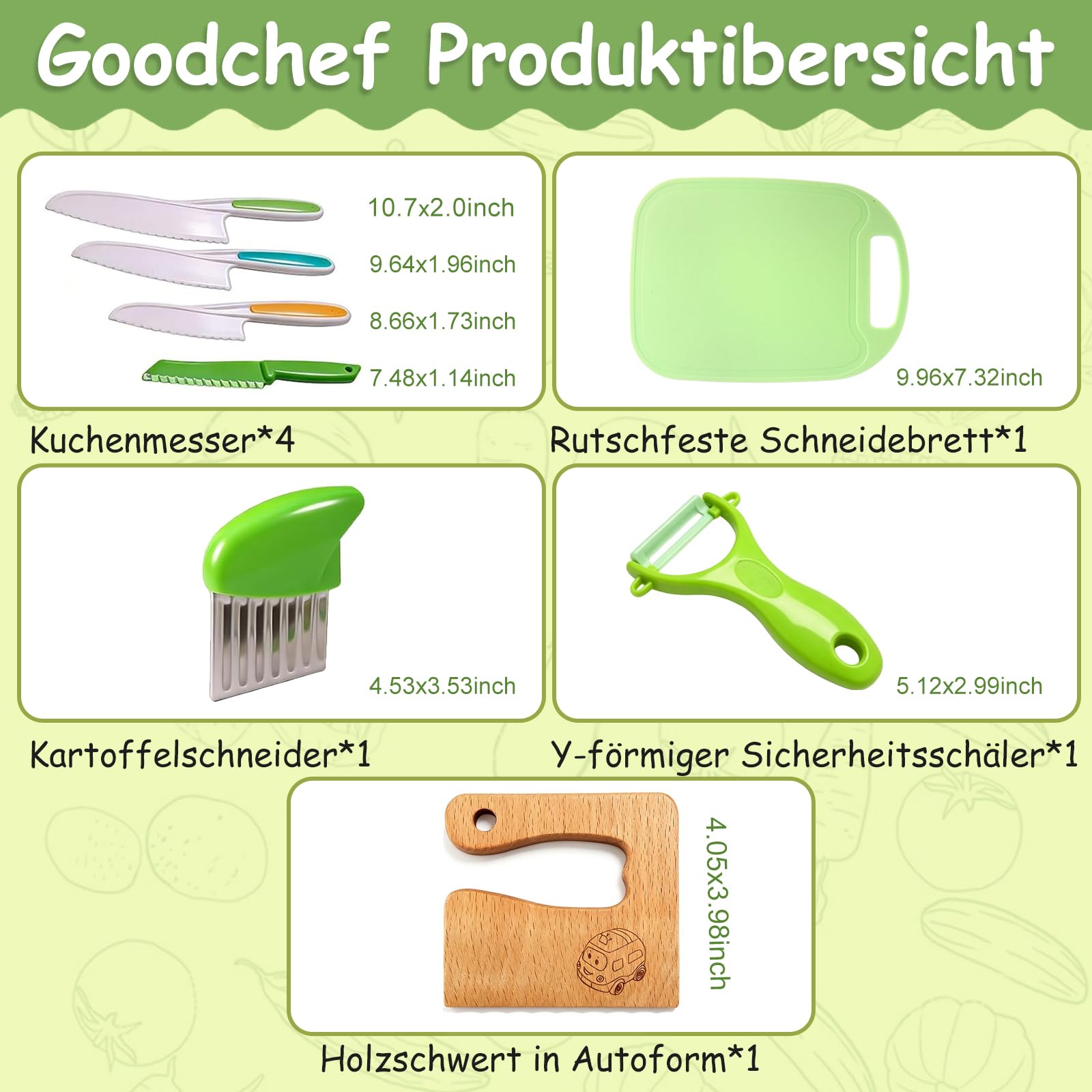 Goodchef Set di coltelli da cucina per bambini, 8 pezzi, per tagliare e cucinare frutta o verdura per bambini, con coltello in legno