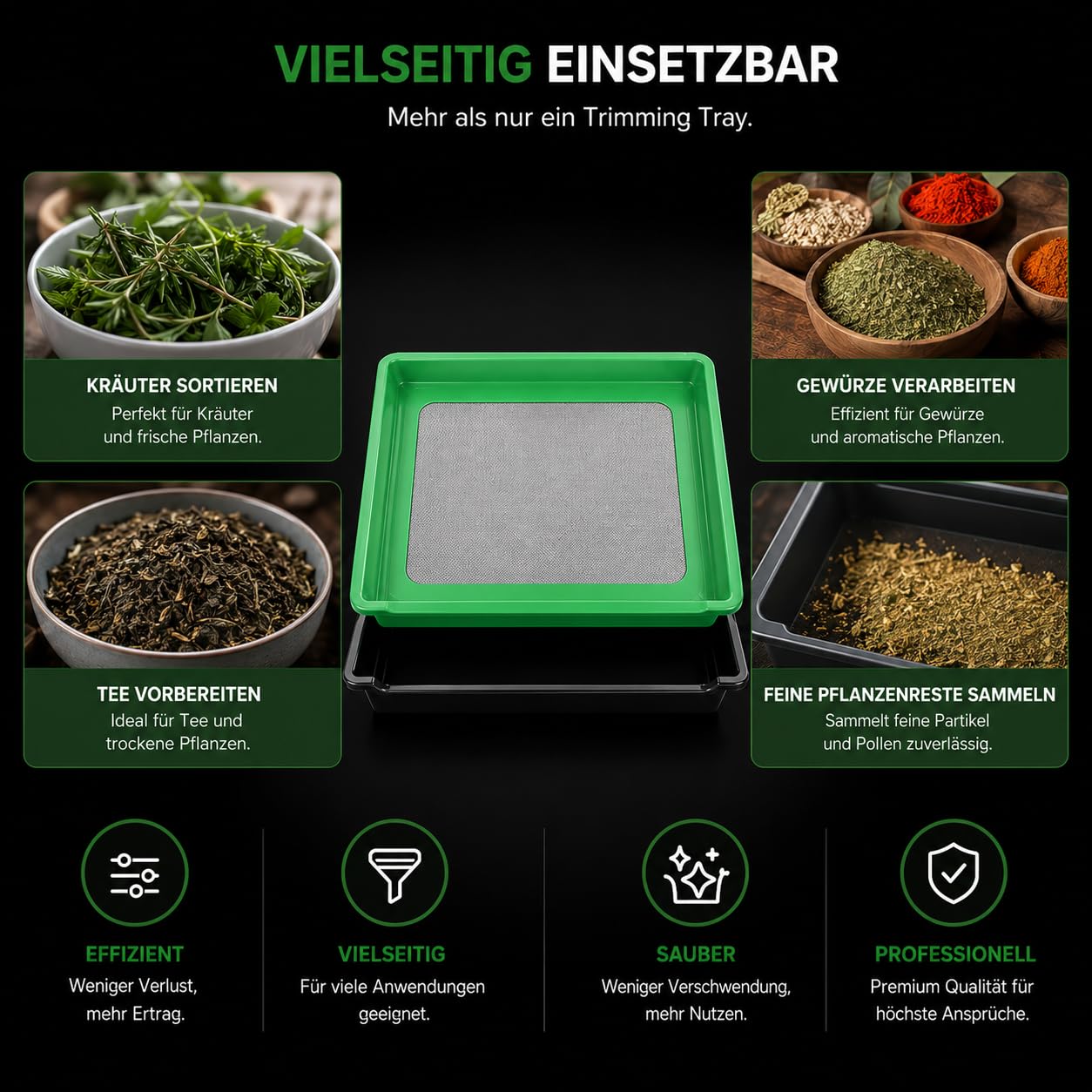 Trimming Tray Set Professional Trimmschale mit XXL Edelstahlsieb 150 Mikron,Ergonomisches Extra Tiefe Pollen-Schale & Rutschfester Boden, Komplettset mit 2 Scheren Bürste und Lupe, 51,5 x 35,5cm