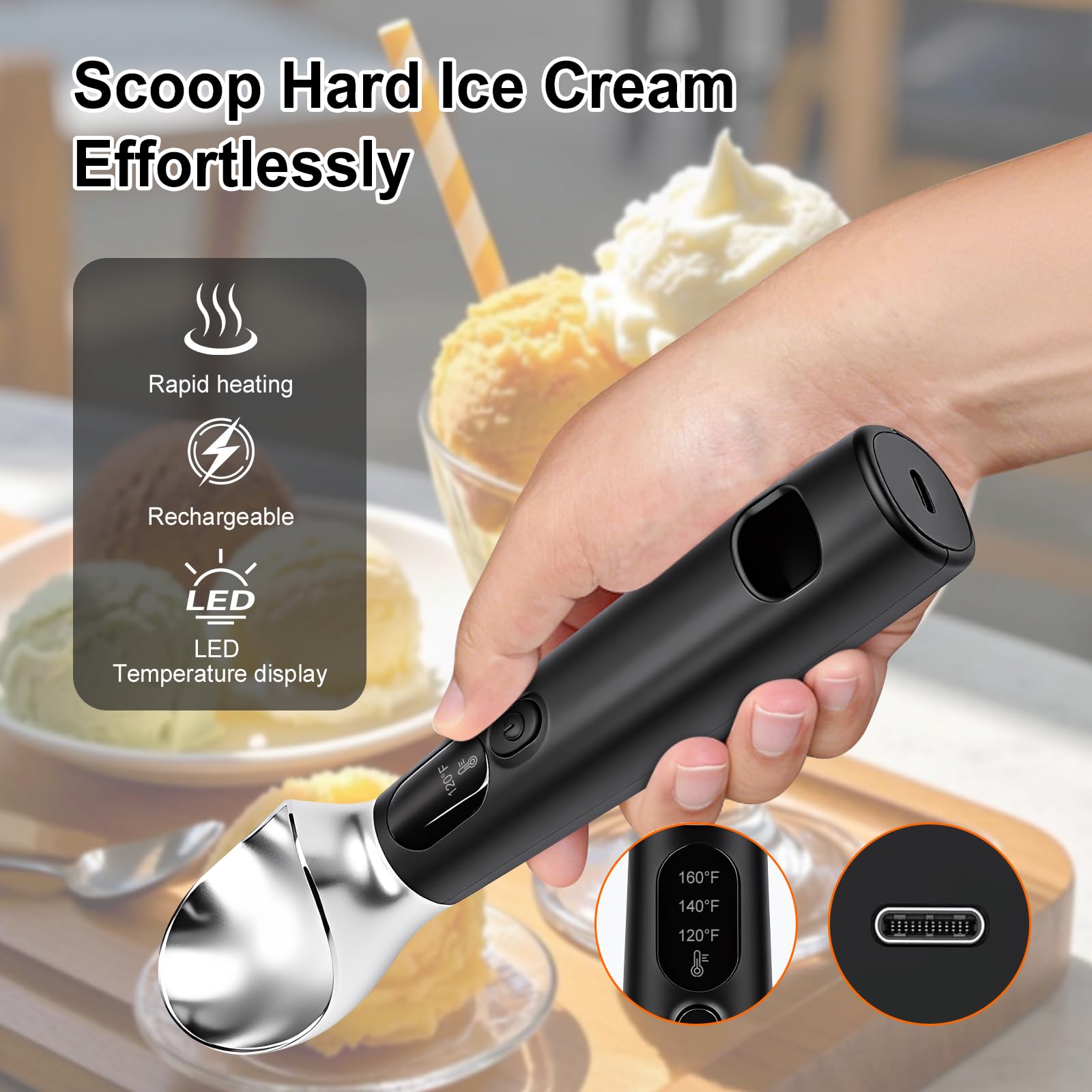 Cuillère à Crème Glacée Chauffante avec 3 Niveaux de Chaleur Réglables–120/140/160°F,Rechargeable Affichage LED,pour Crème Glacée Dure et Plus Encore(Noir)