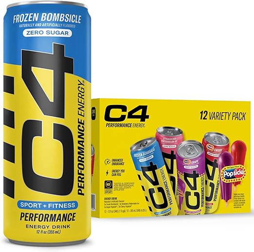Cellucor C4 Energy Drink POPSICLE Variety Pack, Carbonated Sugar Free Pre Workout Performance Drink, 4 Flavors - Grape & Cherry Popsicle, Strawberry Watermelon Ice, Frozen Bombsicle, 12 Oz Pack of 12