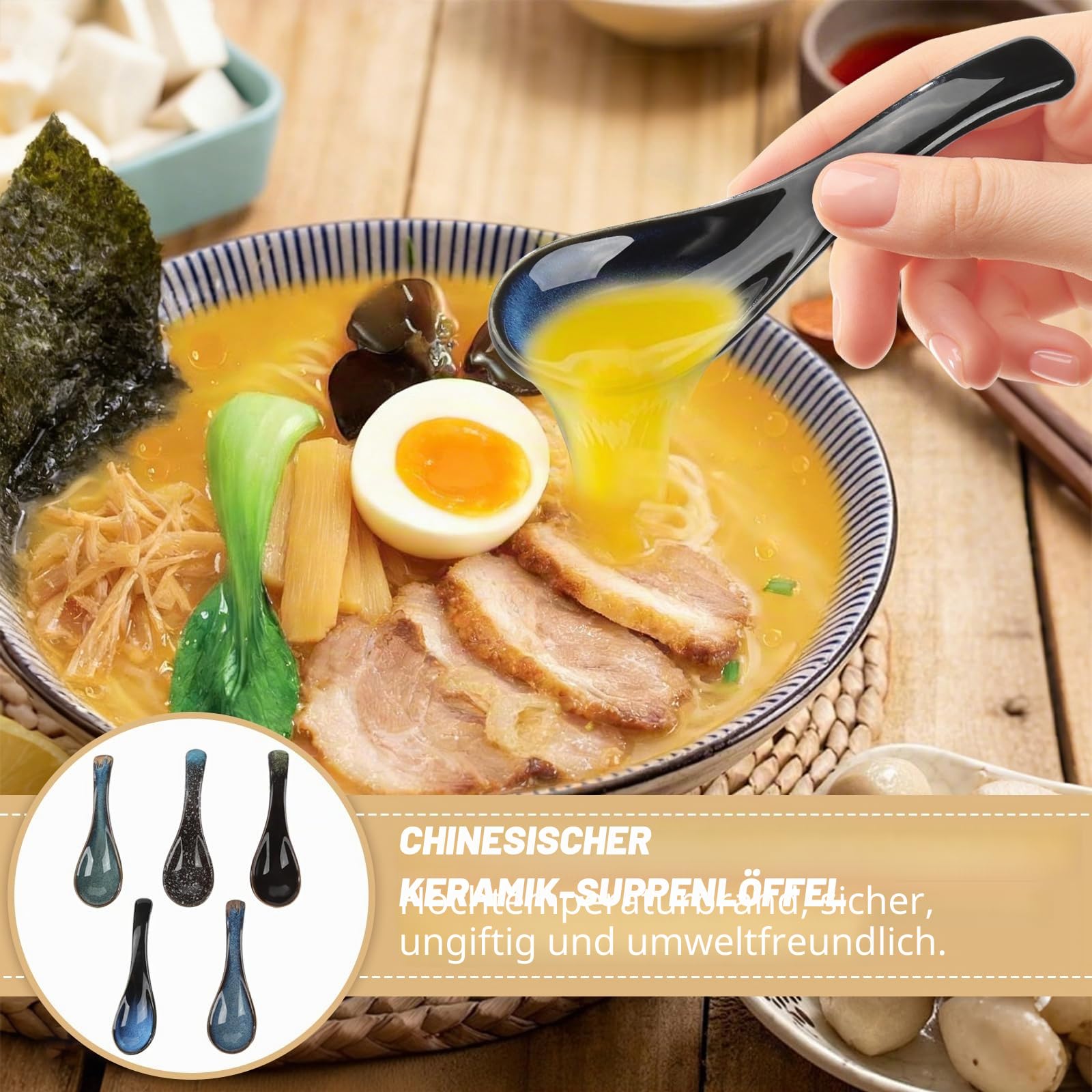 5 Stück Asiatische Suppenlöffel Set,Japanische Art-Blaue Keramik Suppenlöffel,Retro Ramen-Löffel im,Chinesischer Löffel für Suppen,Knödel und Getreide Eintöpfe,Ideal für den Haushalt und das Esszimmer