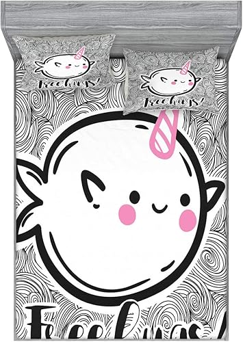 Ambesonne Narwhal Fitted Sheet & Pillow Sham Set, Abstract Spiral Doodle Background Sketch Style Arctic Ocean Mammals, Decorative Printed 3 Piece