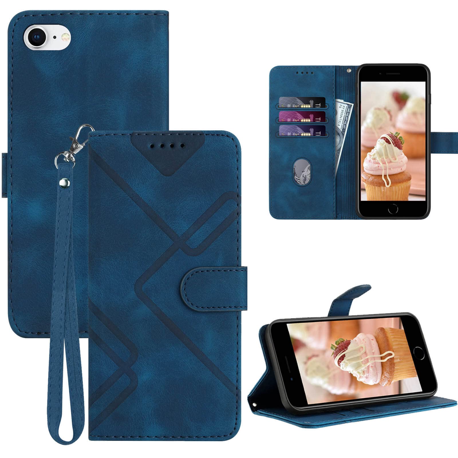 GOTOURED for iPhone SE 2022/2020/8/7/6/6S Phone Case Wallet, Card Holder Leather, Wrist Strap, Magnetic Closure, Kickstand, Shockproof Protective Pattern Flip Cover (Blue)