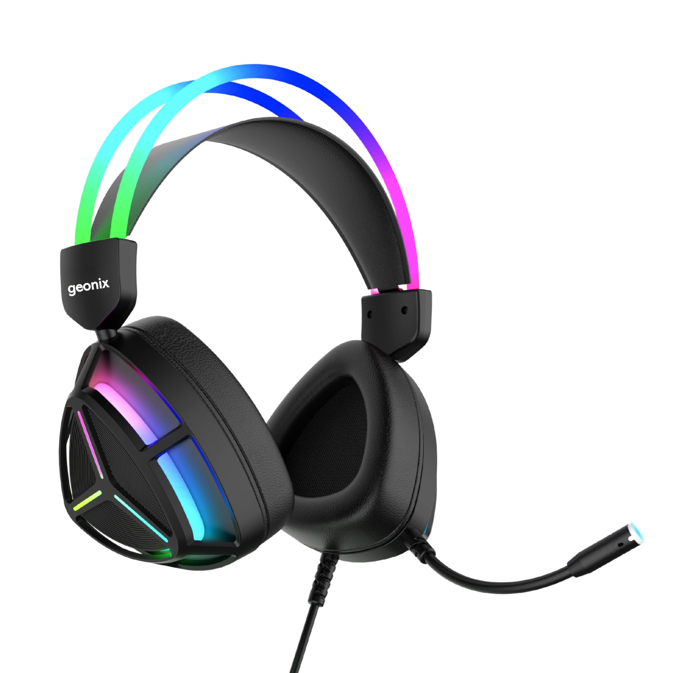 geonix audicle tres stereo wired gaming on ear headphone with rgb light for earcups, 50mm neodymium drivers, 2 meter braided cable, flexible mic, suspension headband, 3.5mm + usb connector (black)