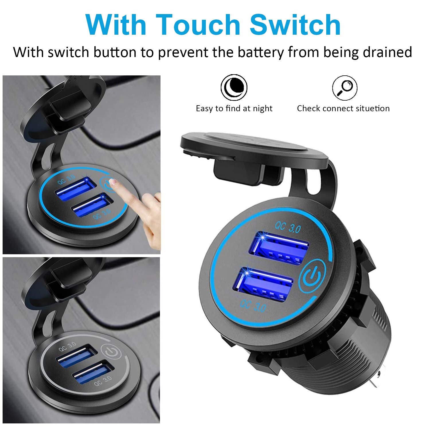 Chargeur Usb De Moto ÉTanche, Prise De Chargeur De Voiture Double Usbqc30 Prise Usb Moto Etanche Charge Rapide Avec Interrupteur Et Voltmetre Ledlumiere Bleue 80790944