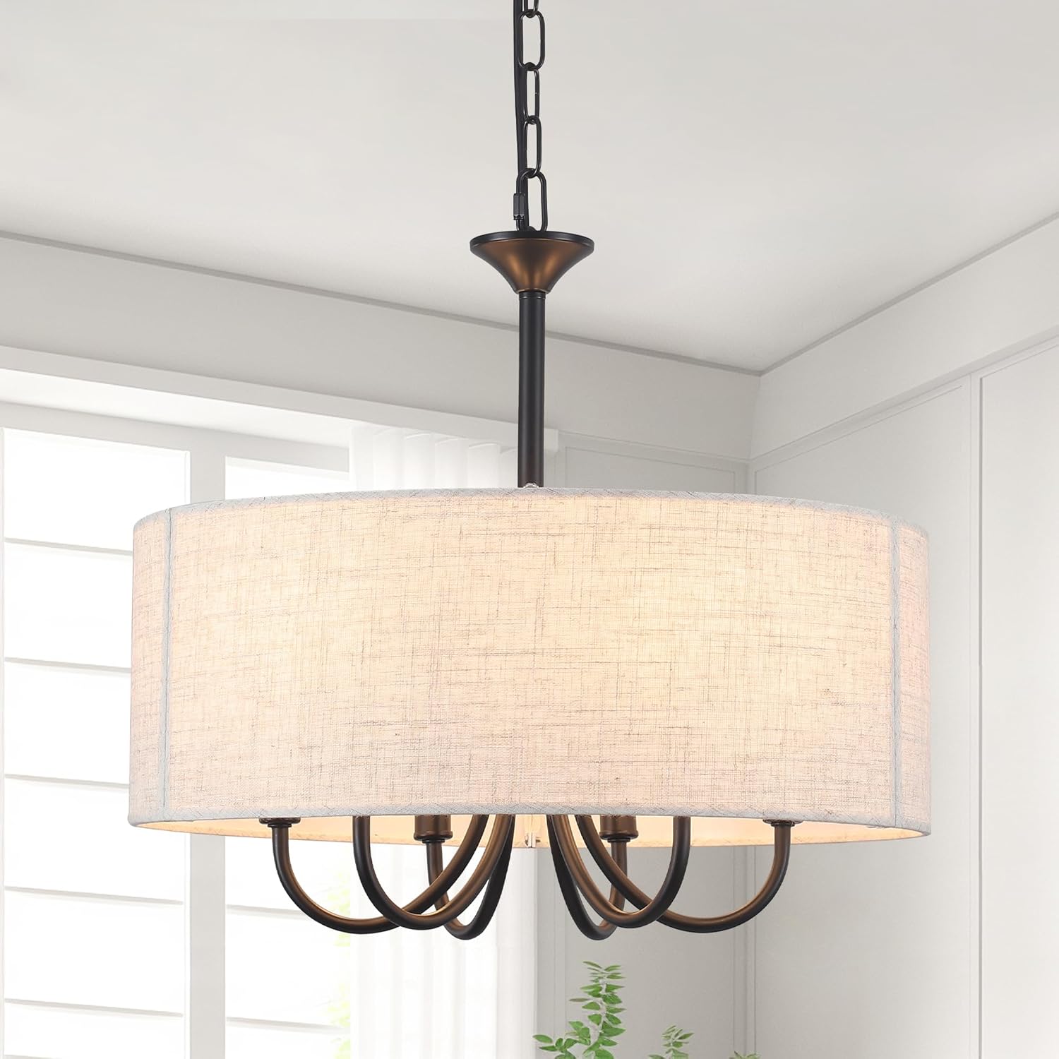 18'' Black Drum Chandelier, 6-Light Farmhouse Chandeliers for Dining Room Light Fixture, Adjustable Modern Round Linen Drum Chandeliers Hanging Light for Bedroom Living Room Foyer