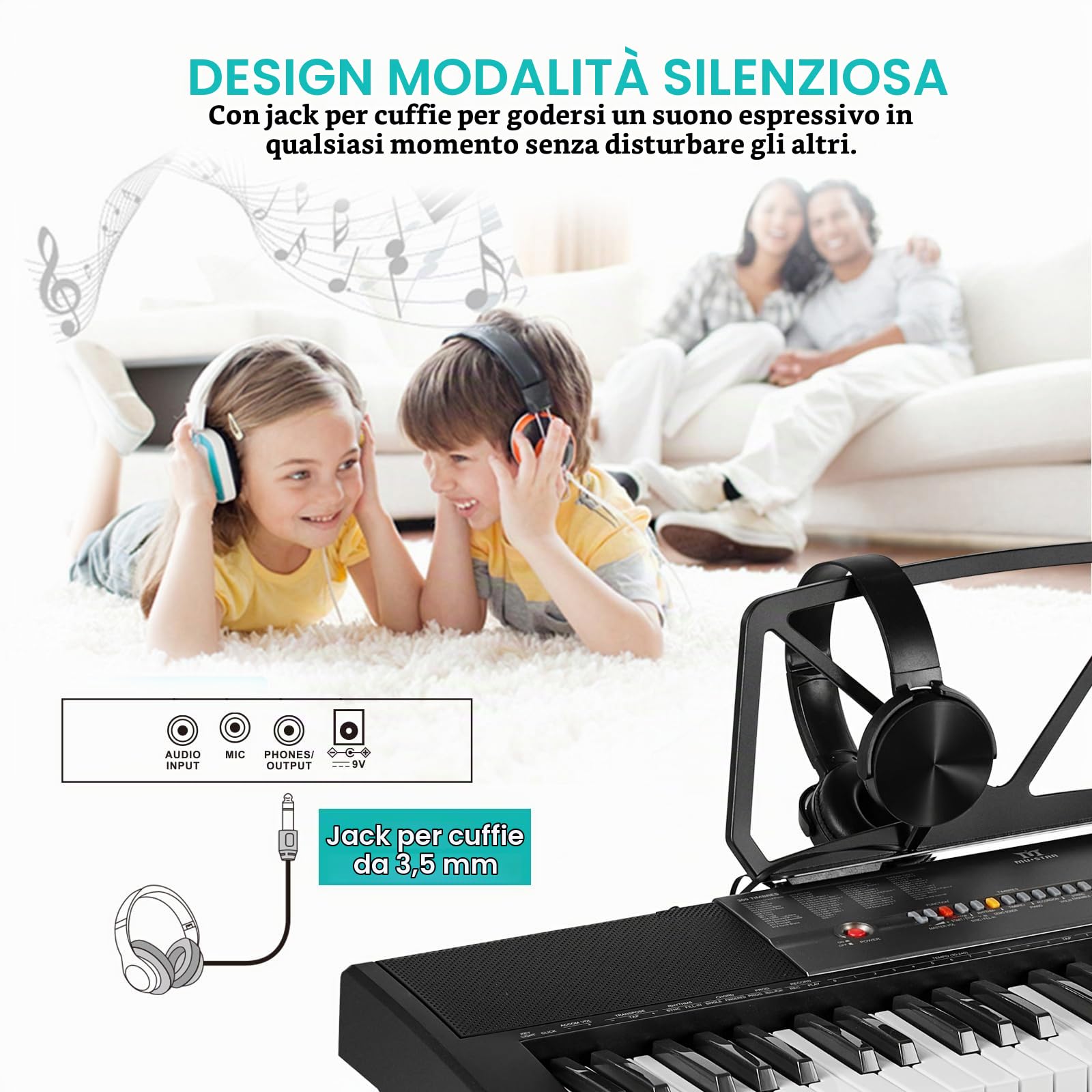 Pianoforte elettronico a 61 tasti con tasti illuminati, LCD, cuffie, supporto a X, sgabello, ripiano per spartiti, microfono, adesivi per note, altoparlanti integrati, 3 modalità di insegnamento
