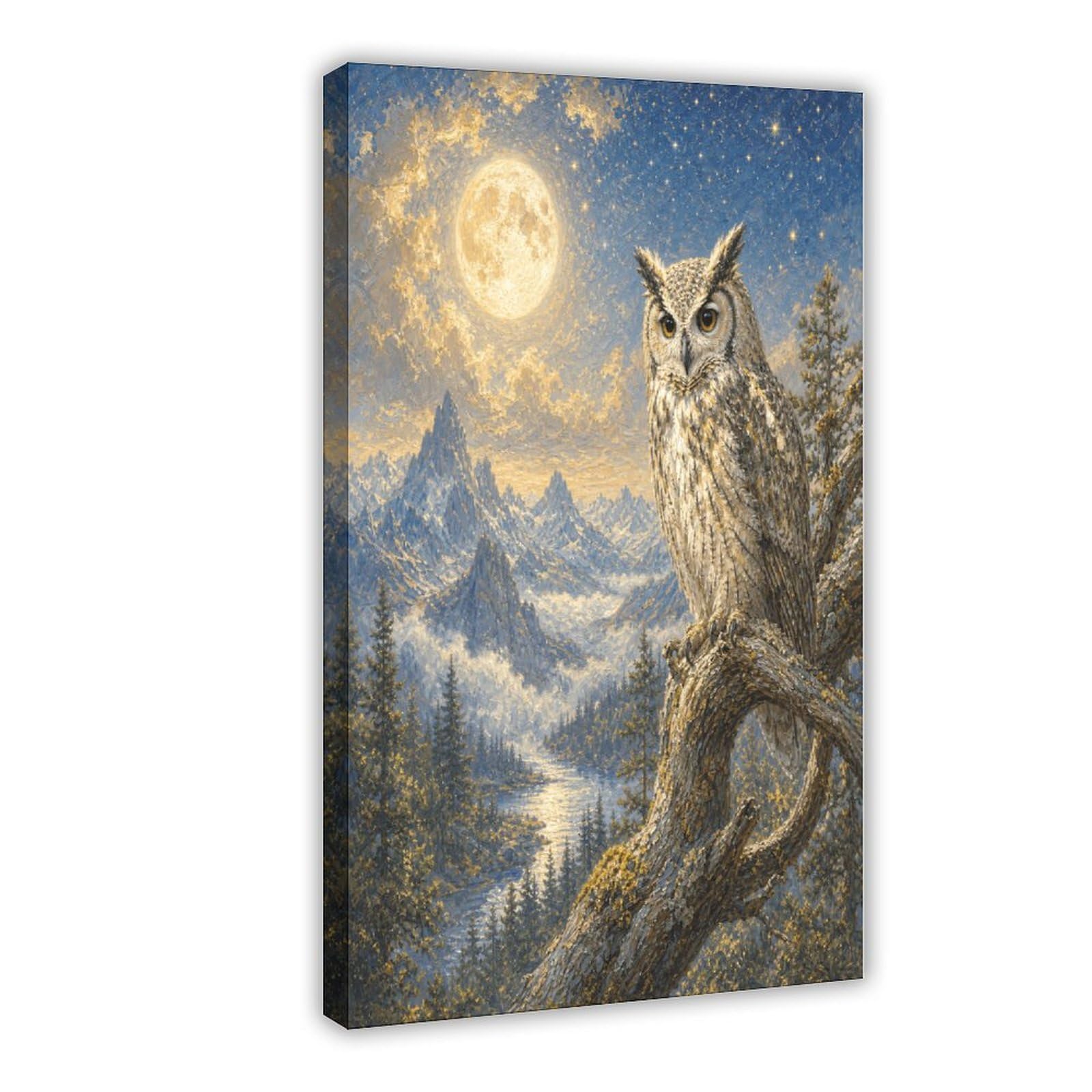 Snowy Owl under Moon Canvas Wall Art, Celestial Wildlife Surrealist