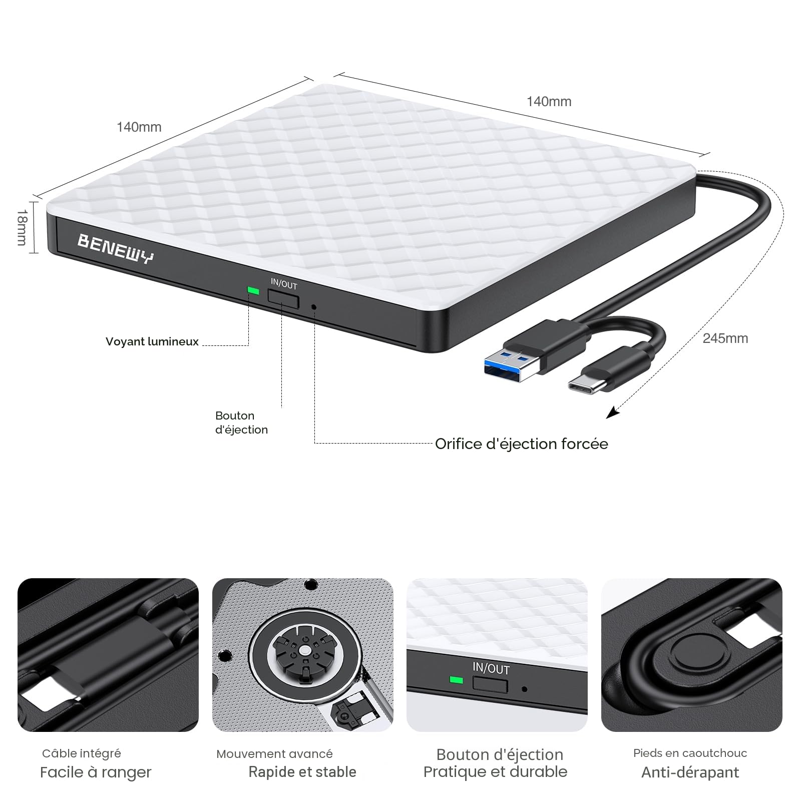 BENEWY Lecteur DVD CD Externe,USB 3.0 Graveur DVD CD Externe Lecteur CD/DVD/ROM Optique Externe pour PC Laptop, Macbook, Mac OS,Windows11/10/8.1/7/XP/Vista