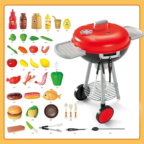 Miniatura 6 de Juego de parrilla de barbacoa de 79 piezas para niños, juego de cocina con aerosol realista, luz y sonido, juguete interactivo para niños y niñas,