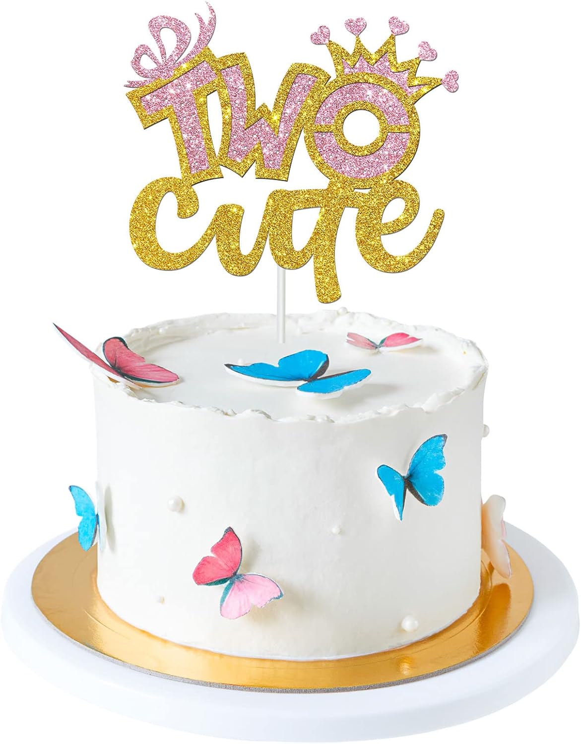Gold Glitter Two Cute Cake Topper, Girls 2nd Birthday Party