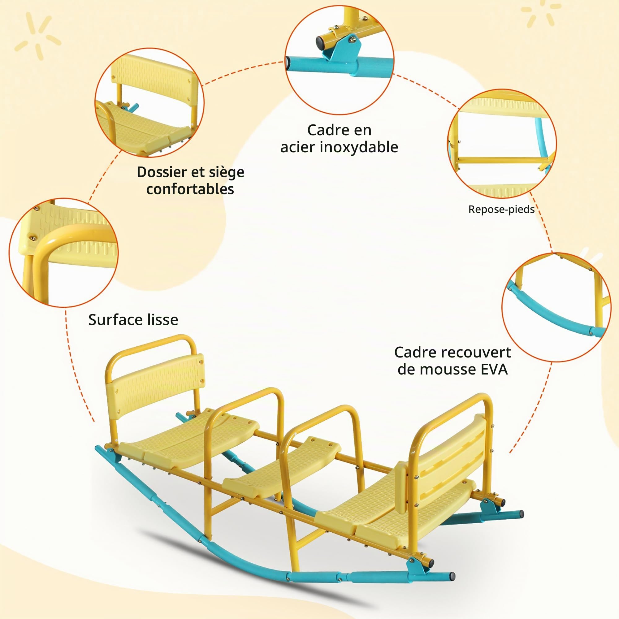 Balançoire à Bascule 3 Places, Dossiers et Poignées, Trébuchet en Métal pour Jardin, Salon, École – Assise Confortable, Anti-Rouille–Balancoire Exterieur avec 3 Sièges pour Enfant 3-8 Ans