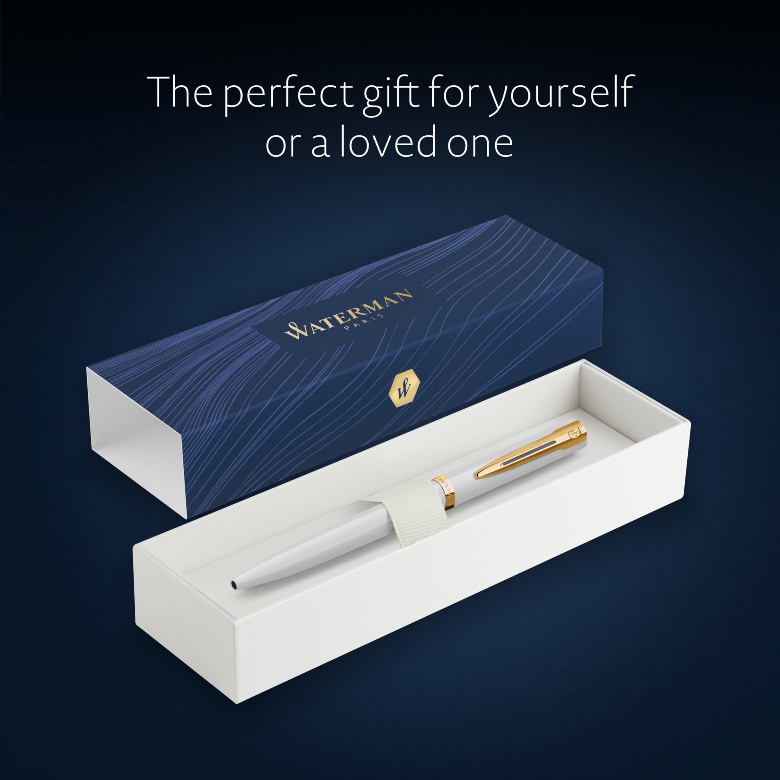 Waterman Impression Bolígrafo | Punta media con recarga de tinta azul | Laca blanca con adornos chapados en oro | Caja de regalo