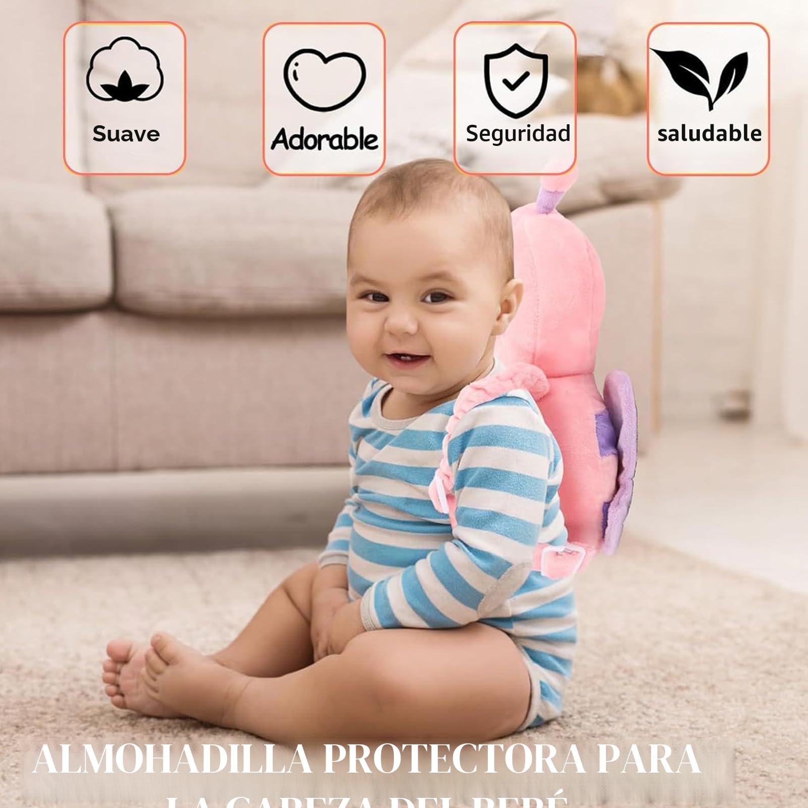 Protector de Cabeza para Bebé, Bebés Pequeños Cojín Mochila y Rodilleras para Bebé, Almohadilla Protectora para la Cabeza para que los Bebés se Arrastren y Caminen (Rosa)
