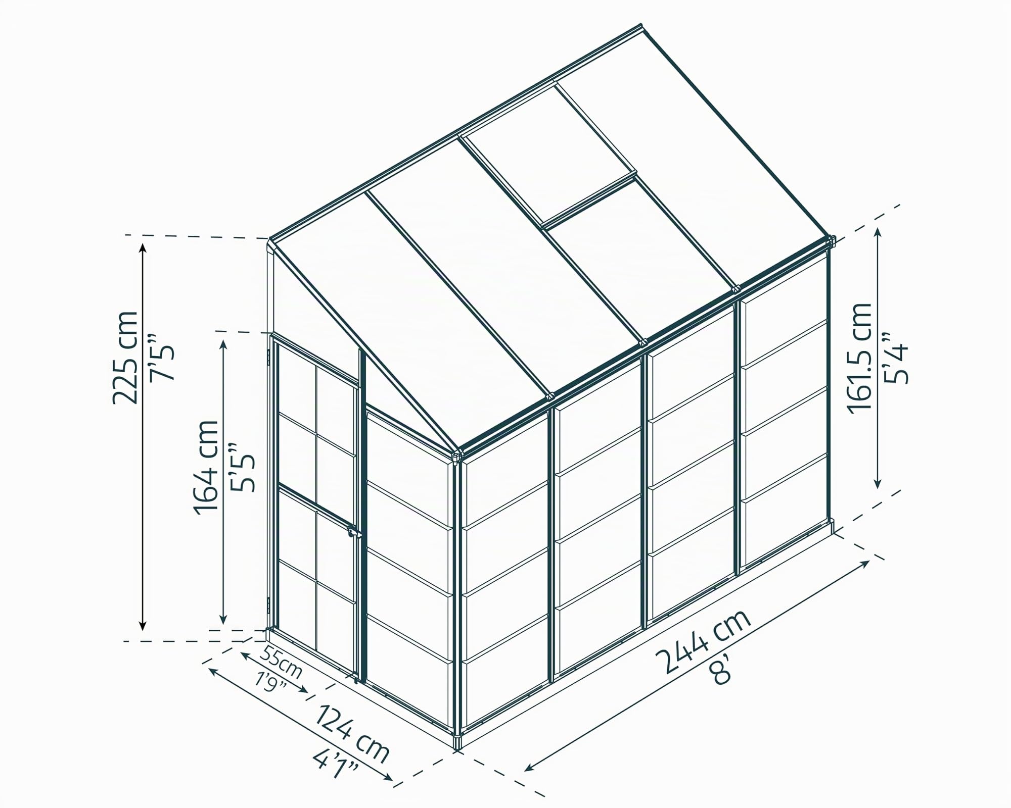 Palram Canopia Lean To 8 x 4 Serra sostenuta – Pareti in policarbonato trasparente – Tetto protetto contro i raggi UV telaio in alluminio, base inclusa – argento/verde