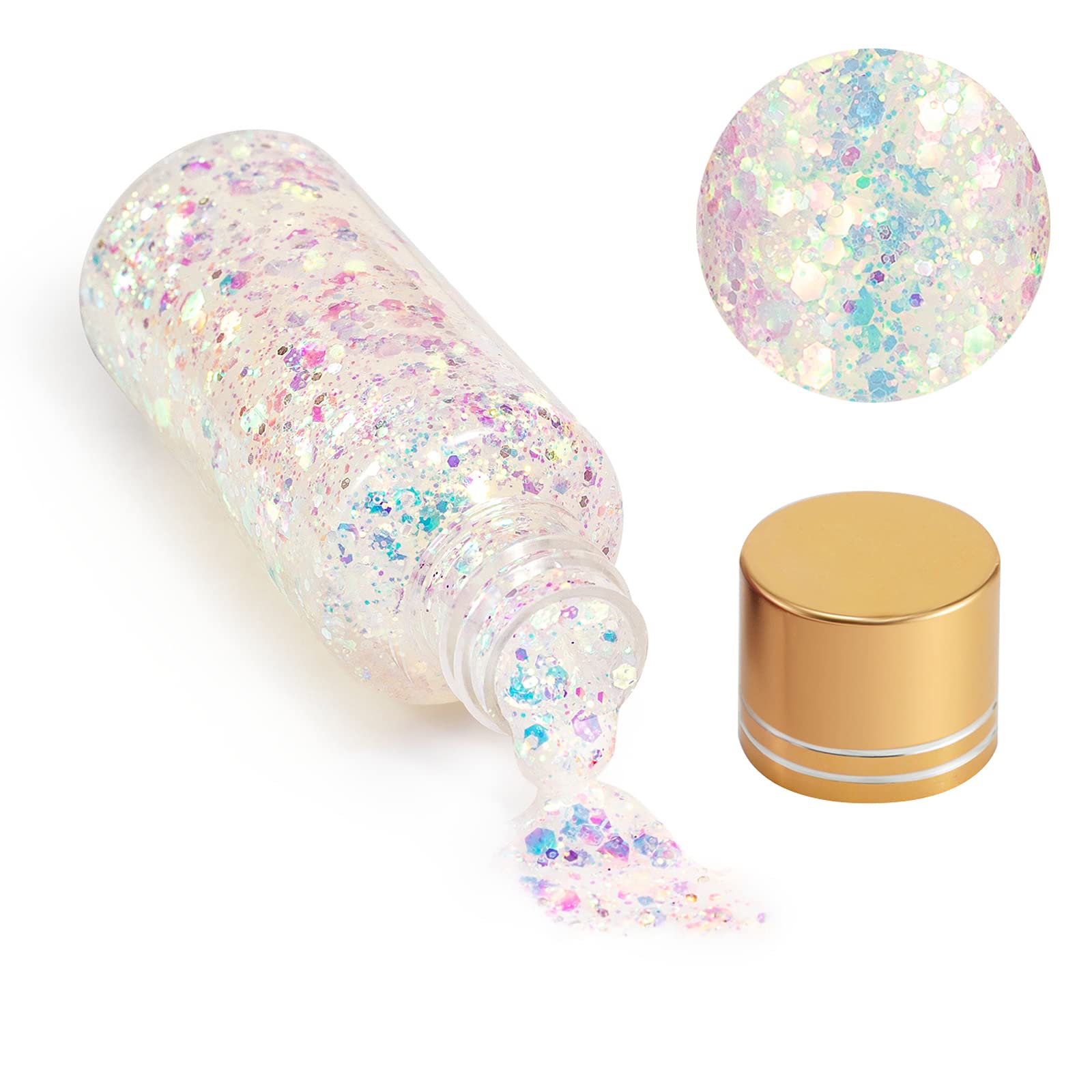 Holographic Body Glitter Gel, Mermaid Sequins Face Glitter Makeup for Body, Hair, Face, Nail, Eyeshadow, Long Lasting Waterproof Party Glitter for Festival Stage Nightclubs, 1oz (Laser White)