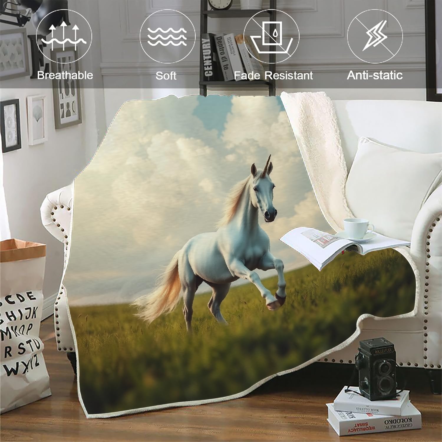 Générique Cheval Blanc Couverture Polaire Epaisse Hiver Adulte 3D Prairie Plaid Canape Chaud Doux en Flanelle Jeté de Canapé pour Couvre lit 2 Personnes pour Fille Garcon 150x200 cm