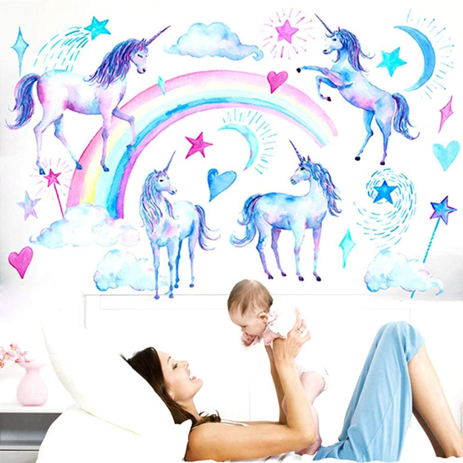 Amazon｜水彩 ユニコーン ウォールステッカー 装飾 子供 壁デカール 剥がして貼る 取り外し可能 壁装飾 子供部屋 寝室 リビング