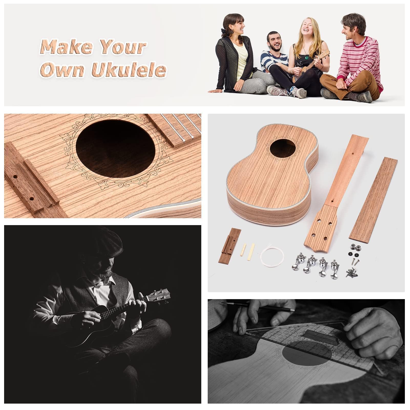 Kit de Bricolage de ukulélé en Bois Zèbre, Kit de Bricolage de ukulélé Ténor de 26 Pouces avec Panneau de Bois en Bois de Zèbre avec des Pèches