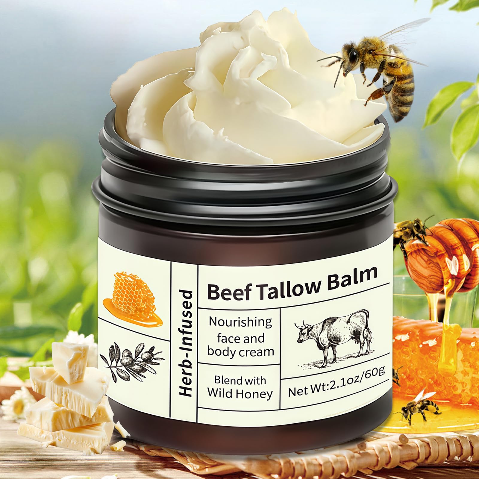 Grass-Fed Beef Tallow Honey Balm for Skin, Nourishing Face & Body Cream for Dry Skin