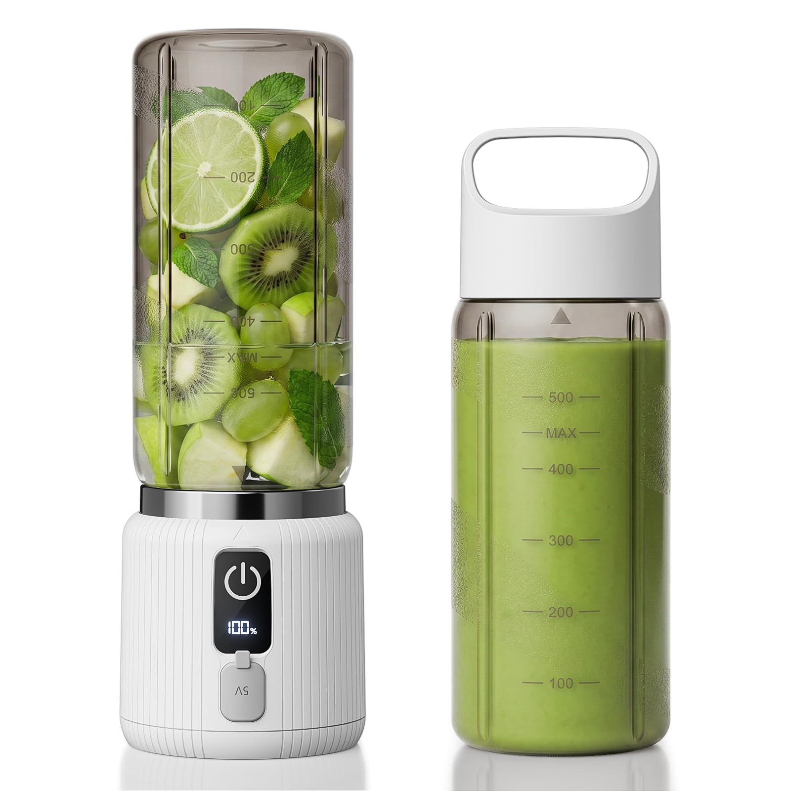 COKUNST Batidora portátil pequeña máquina para batidos con 8 cuchillas, mini licuadora personal con indicador LED, mezclador recargable USB-C de 22000RPM con tapa para viajes, gimnasio, 500 ml, blanco