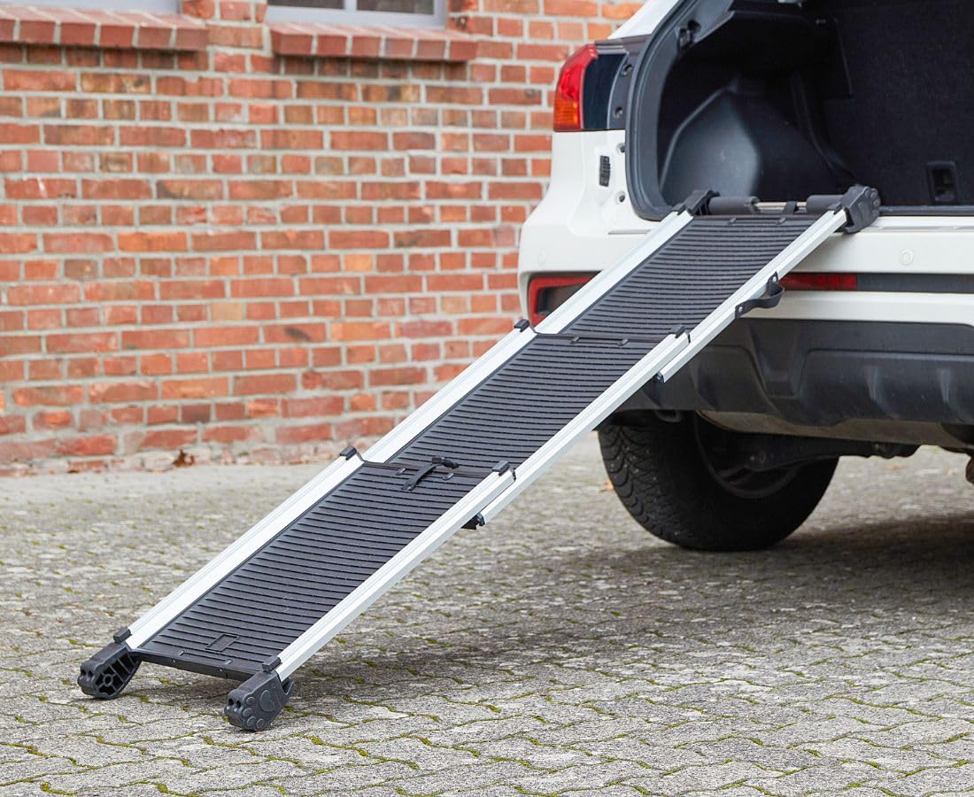 Knuffelwuff Hunderampe 70-158cm - Ausziehbare Teleskoprampe als Einstiegshilfe für Haustiere ins Auto - Hundetreppe für große und kleine Hunde - rutschfest - Kofferraumschutz