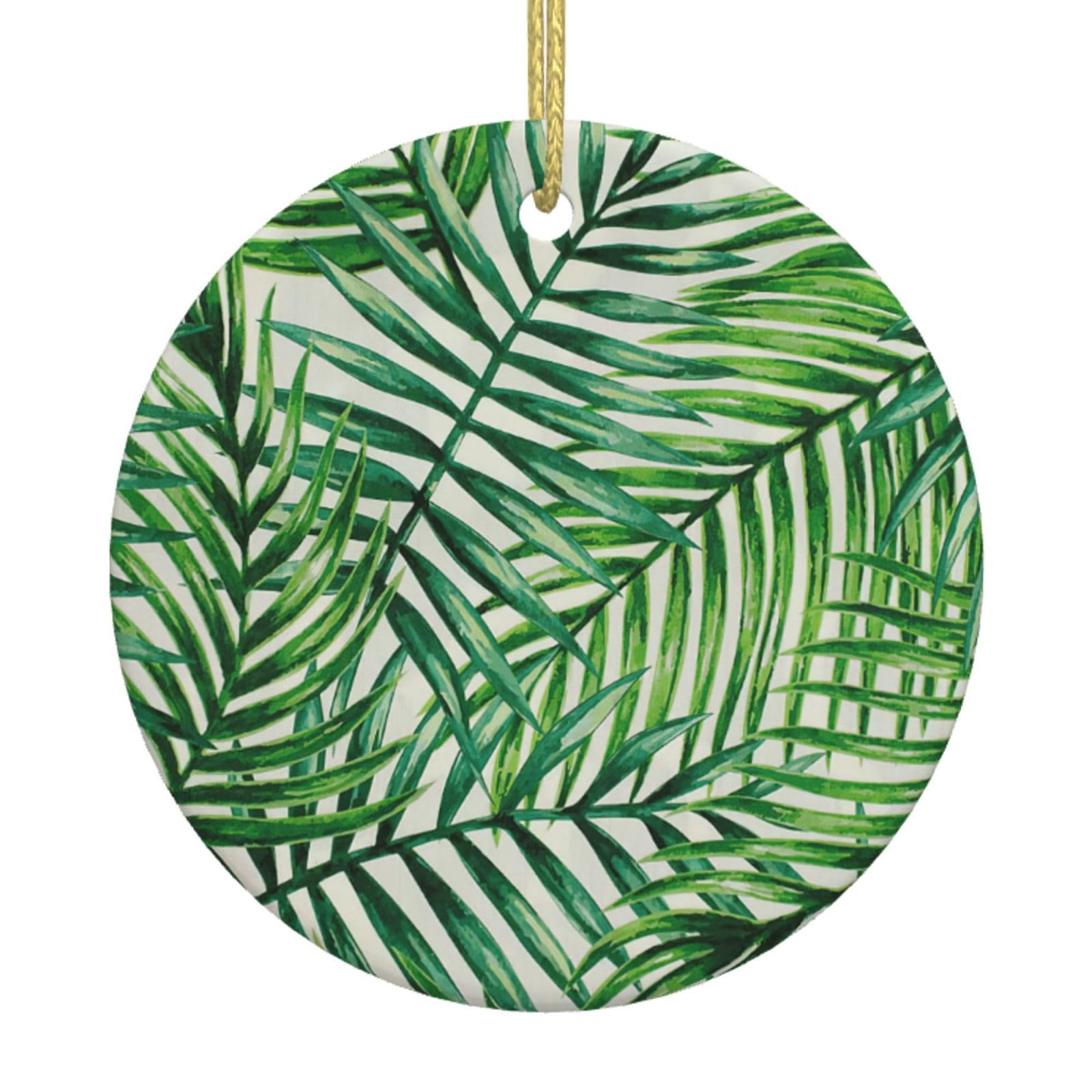 Banana Leaf Green Print Christmas Ornaments, Ceramic Hanging Ornament, Round Shape Decorations